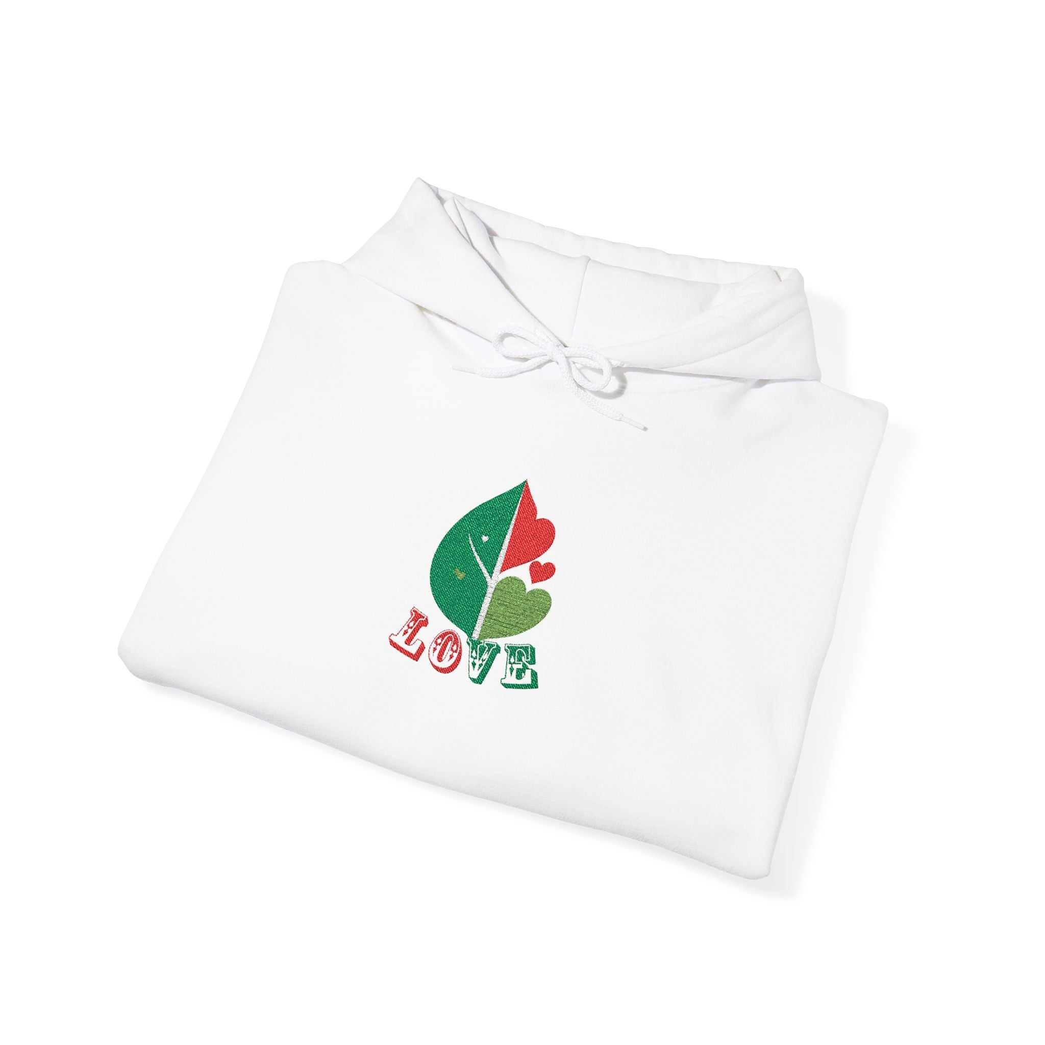 White shirt with a 'love' design featuring two leaves on a white background