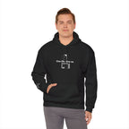 Man wearing a black hoodie with text and graphics on a white background