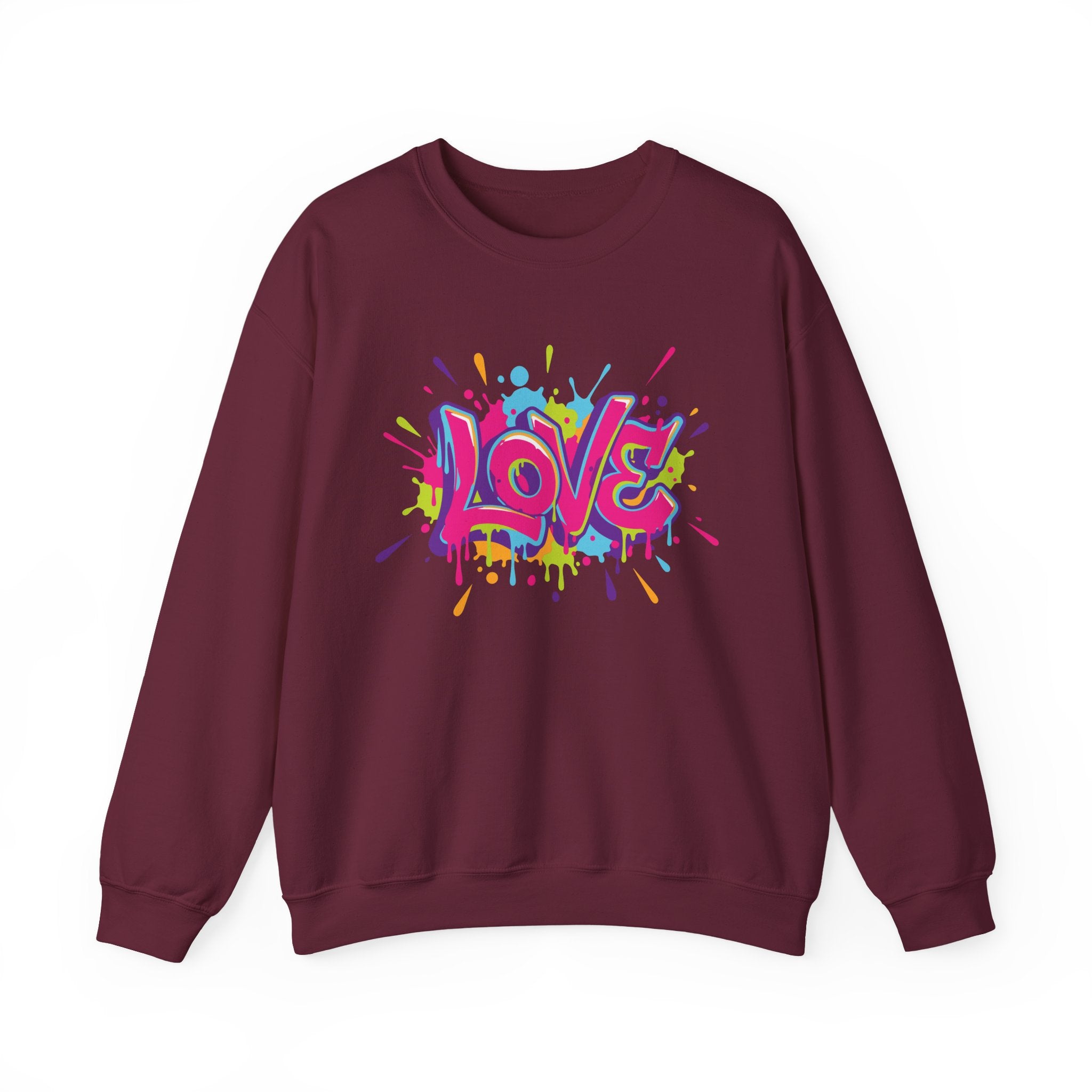 Maroon sweatshirt with colorful 'LOVE' graphic on a white background