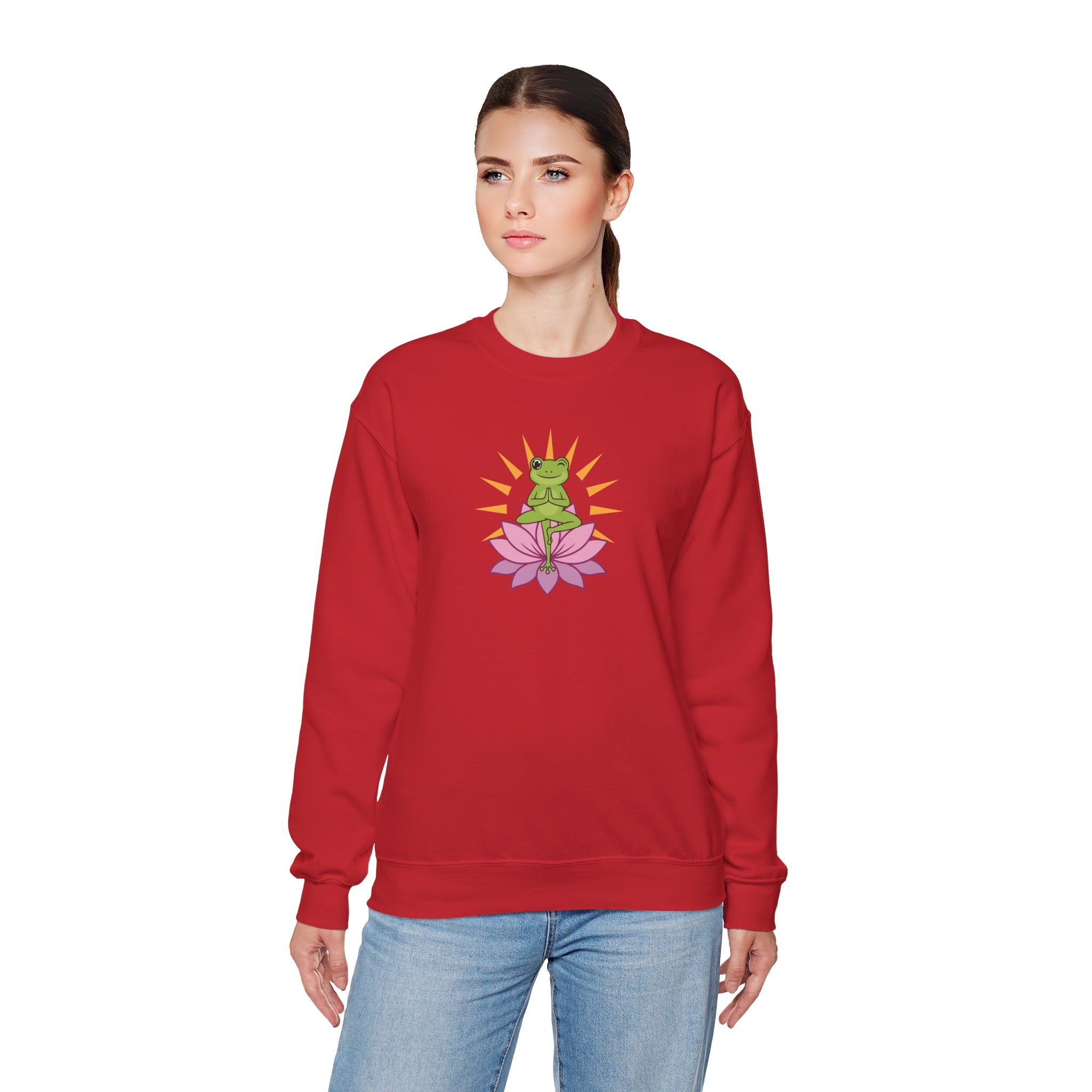 Person wearing a red sweatshirt with a graphic design on a white background