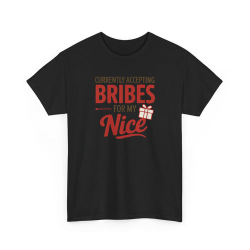 Black t-shirt with red and white text and graphics on a white background