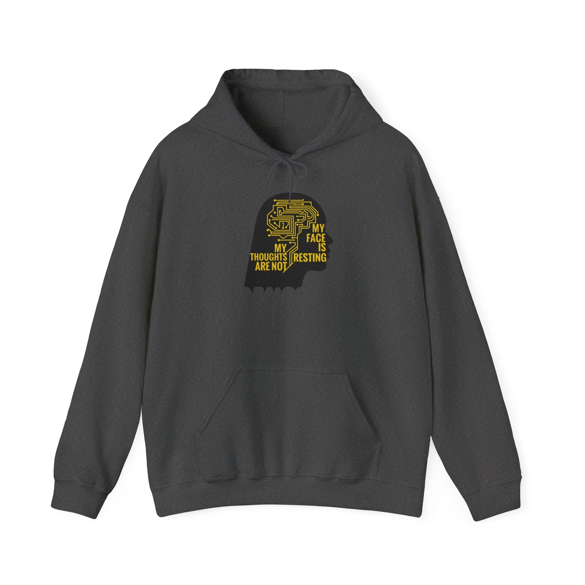 Gray hoodie with a black graphic and yellow text on a white background