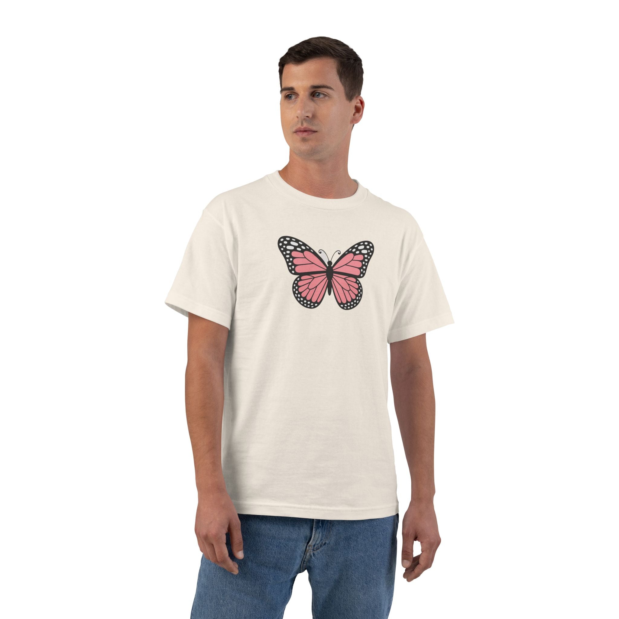 Man wearing a white t-shirt with a pink butterfly design on a white background