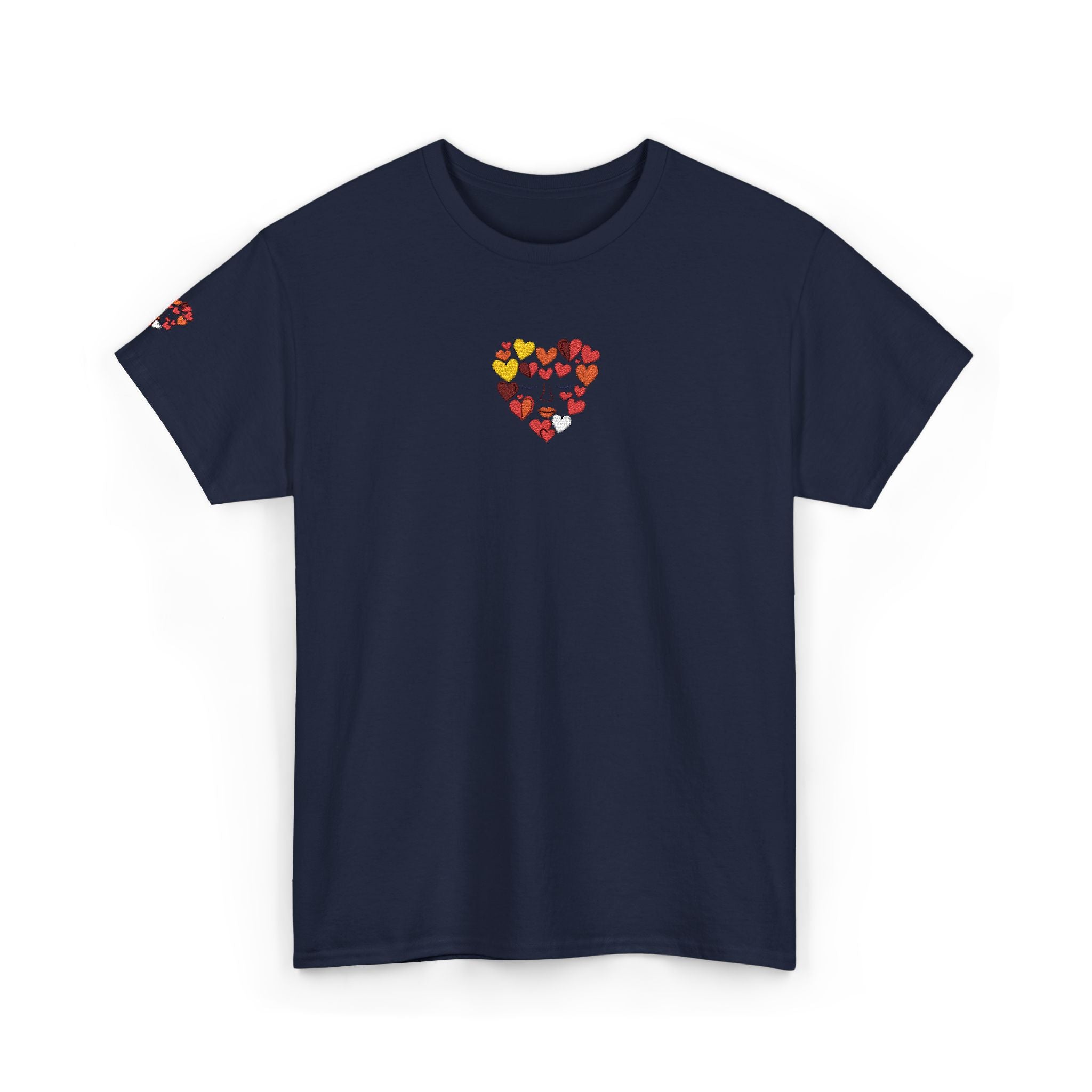 Navy blue t-shirt with colorful heart design on a white background