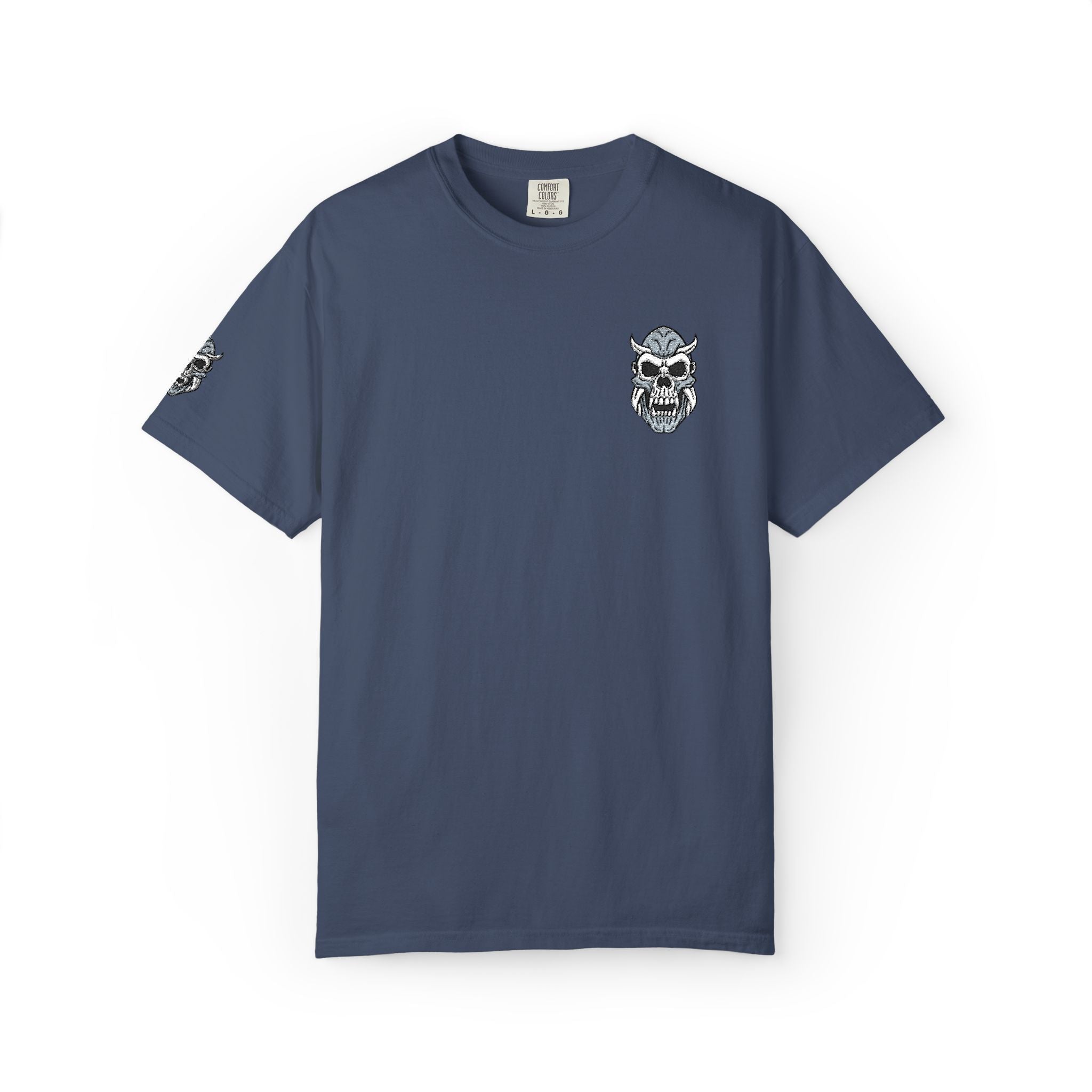 Navy blue t-shirt with a skull design on a white background