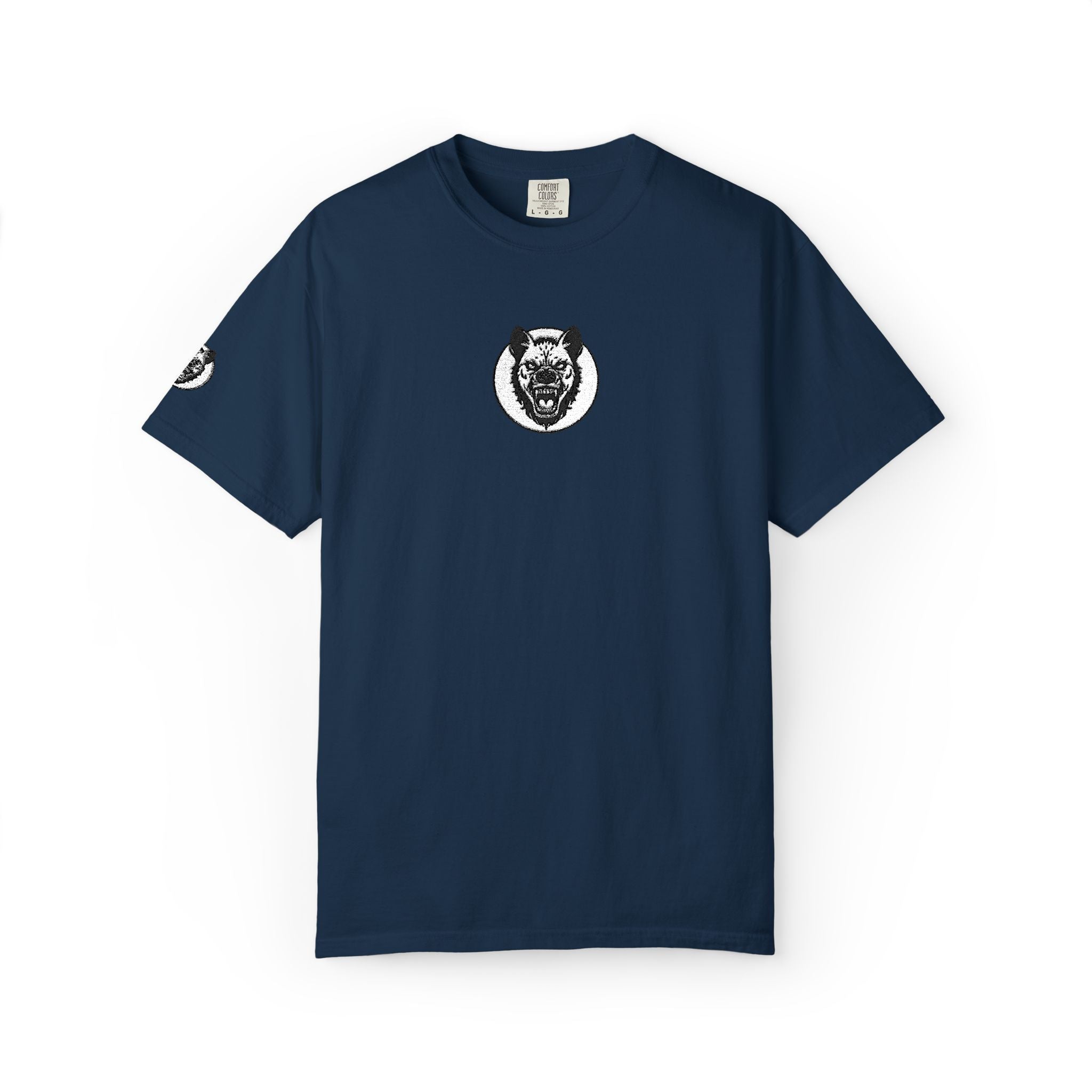 Navy blue t-shirt with a white emblem on a white background