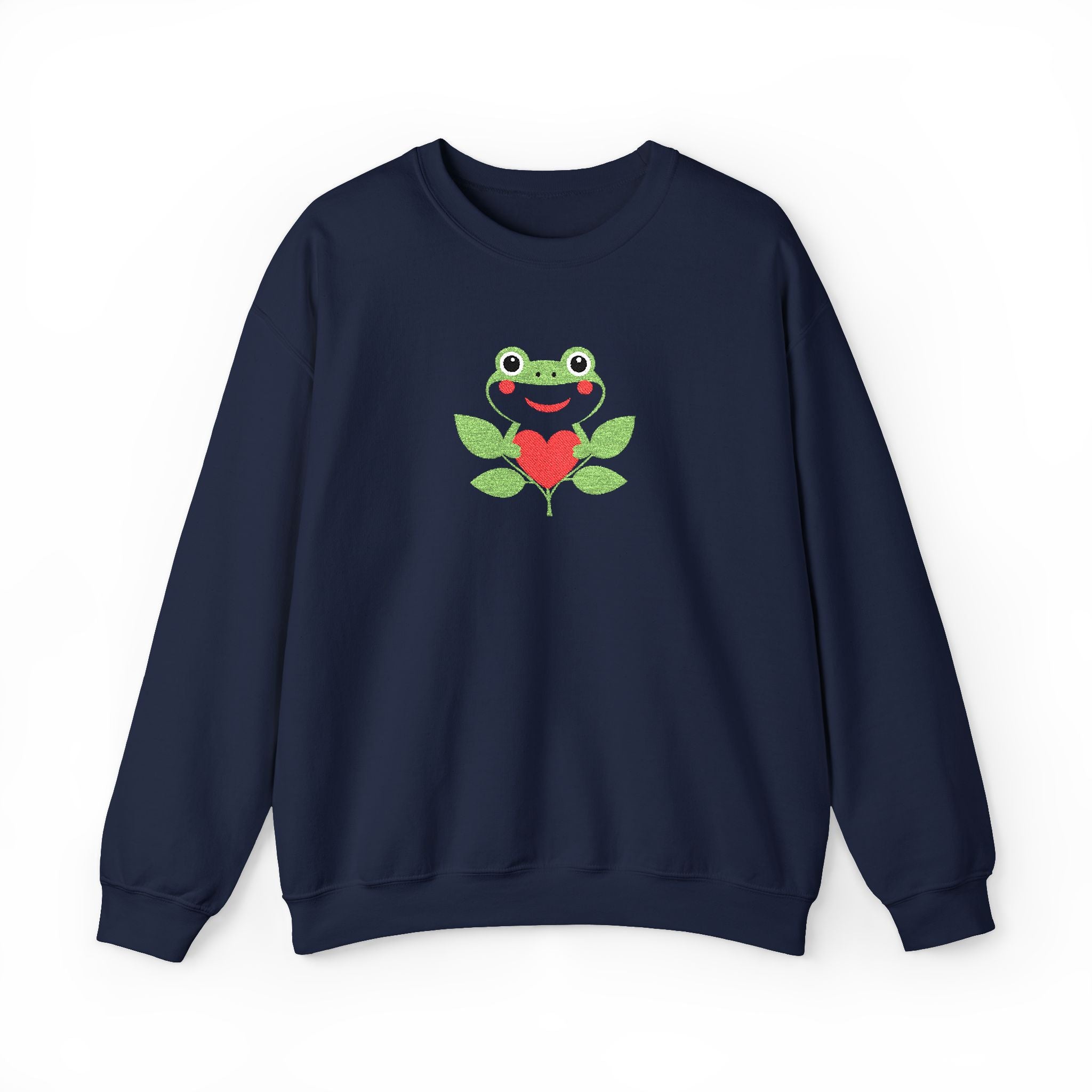 Navy blue sweatshirt with a frog and heart design on a white background