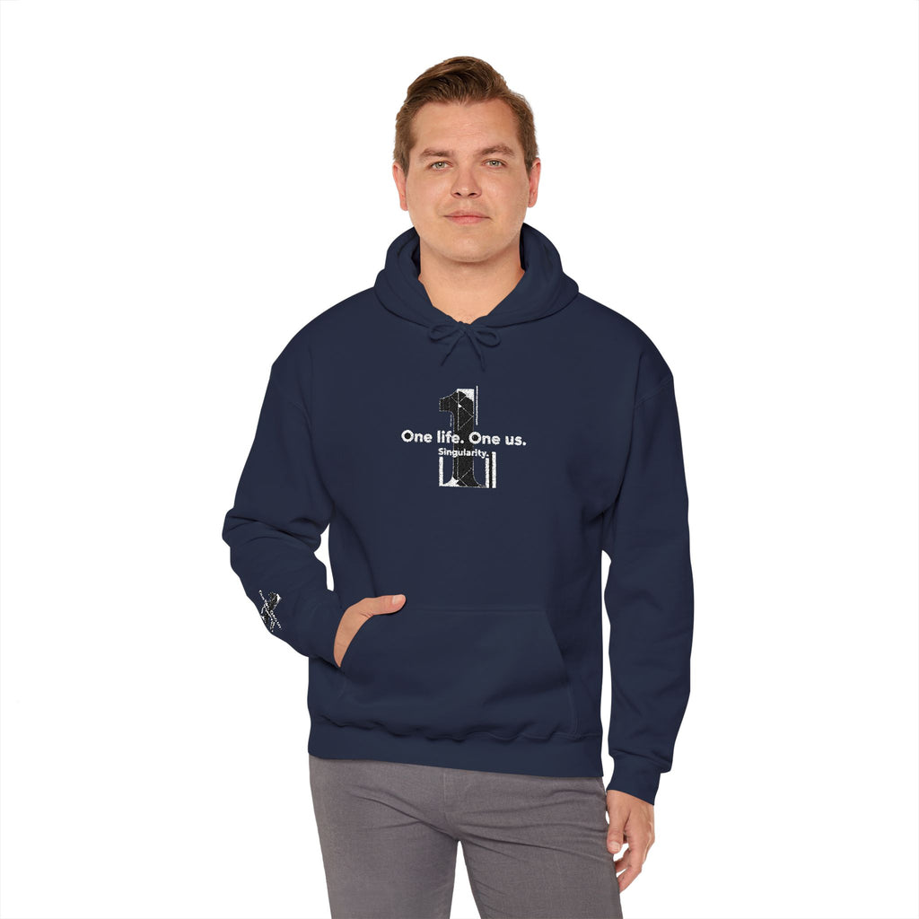 Man wearing a navy blue hoodie with text on a white background