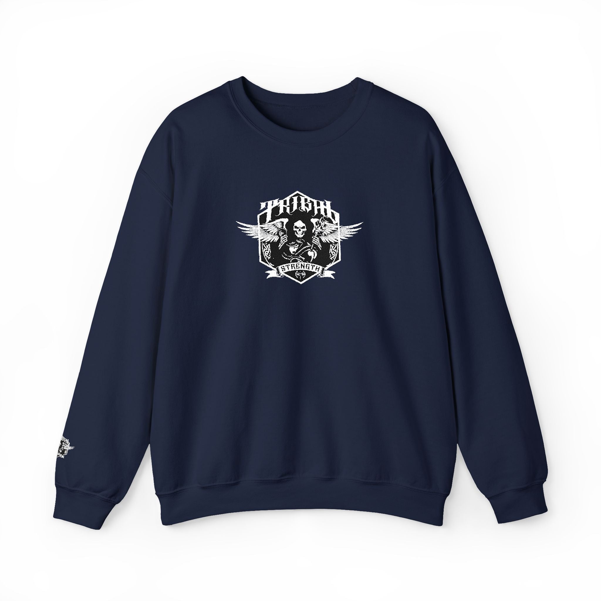 Navy blue sweatshirt with a white graphic design on a white background