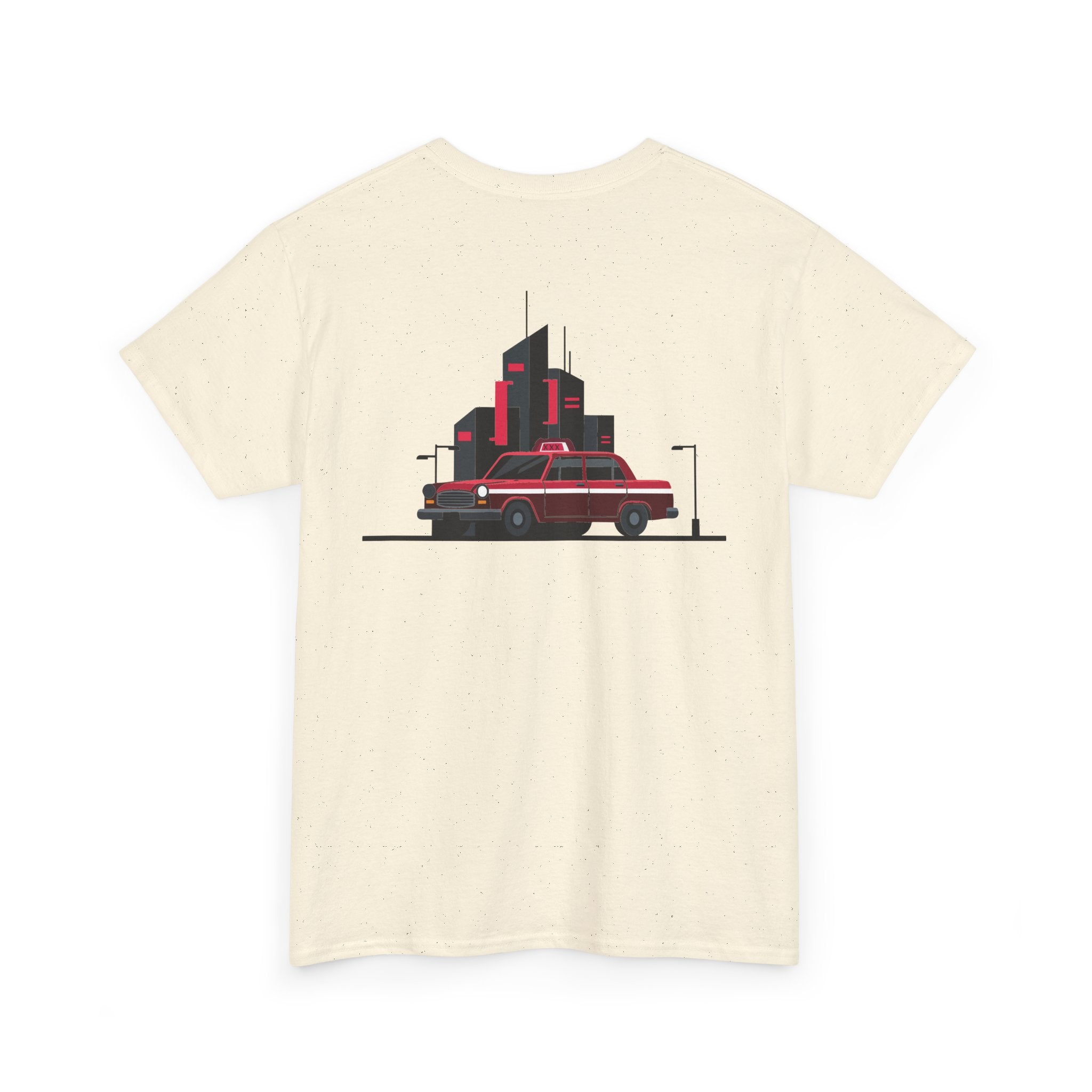 Beige t-shirt with a graphic of a red car and black buildings on a white background