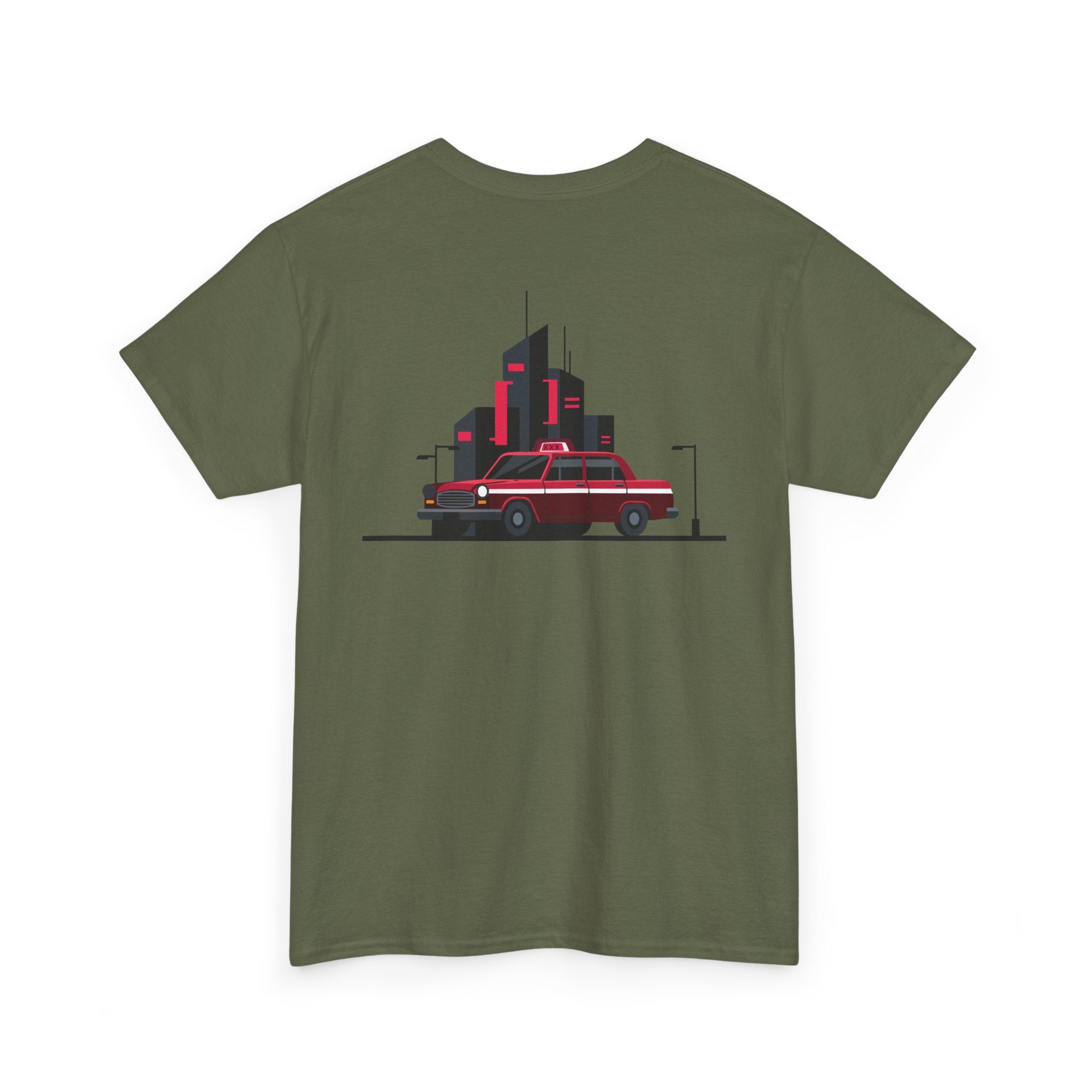Green t-shirt with a graphic of a red car and cityscape on a white background