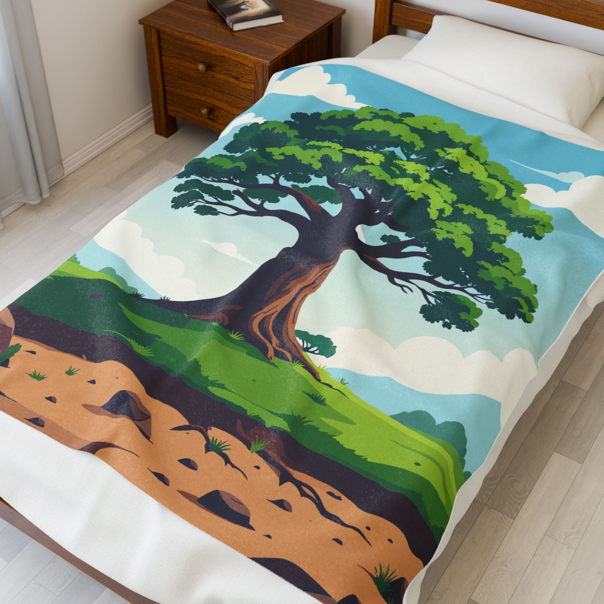 Bedspread with a tree design on a bed in a room.
