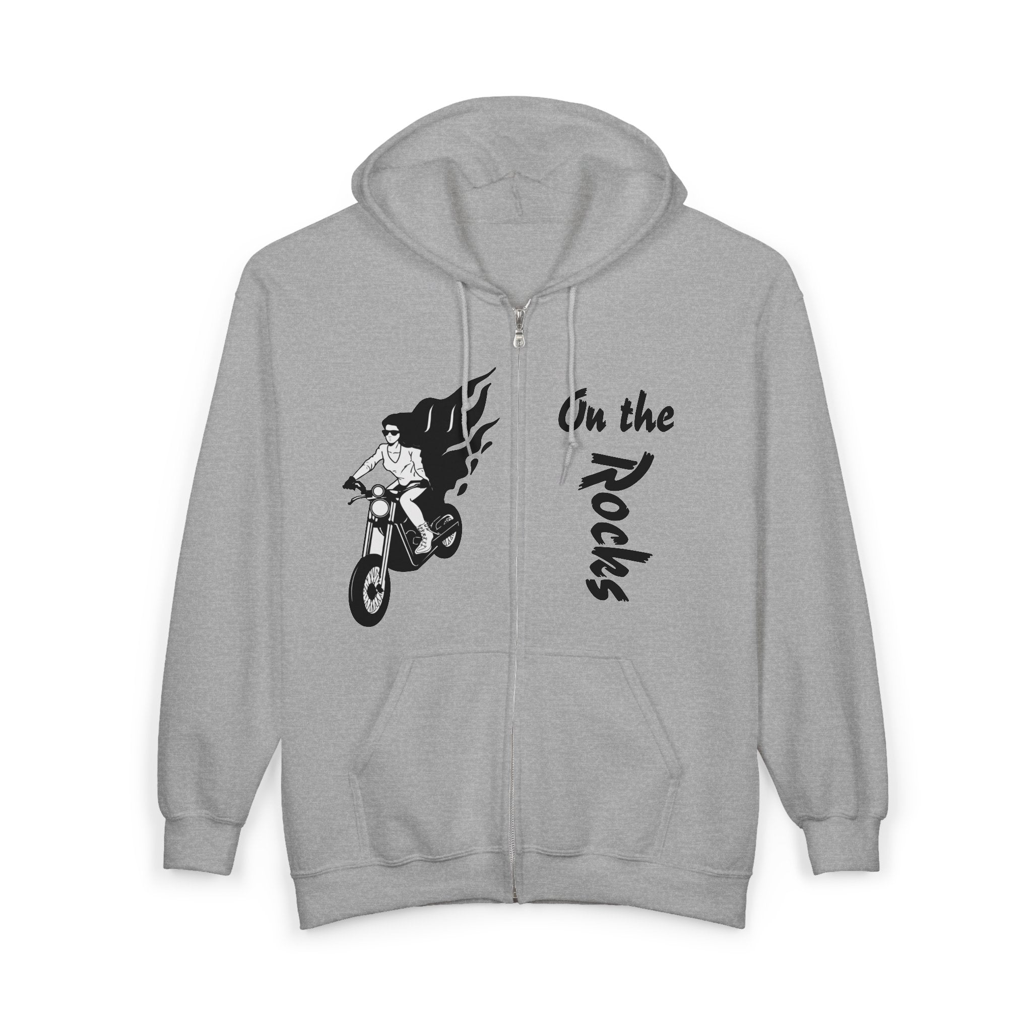 Gray hoodie with a graphic of a person on a motorcycle and text 'On the Rocks' on a white background