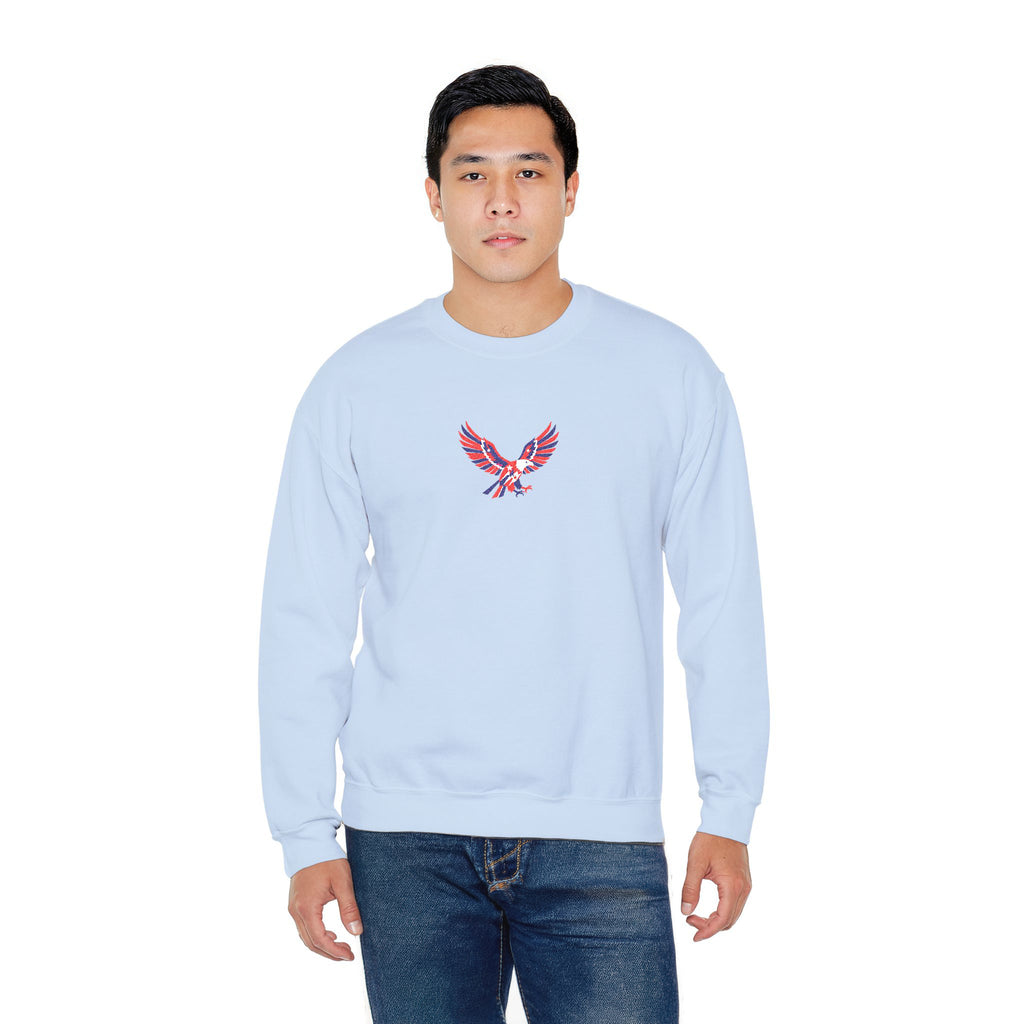 Person wearing a light blue sweatshirt with a red and black logo on a white background