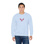 Person wearing a light blue sweatshirt with a red and black logo on a white background