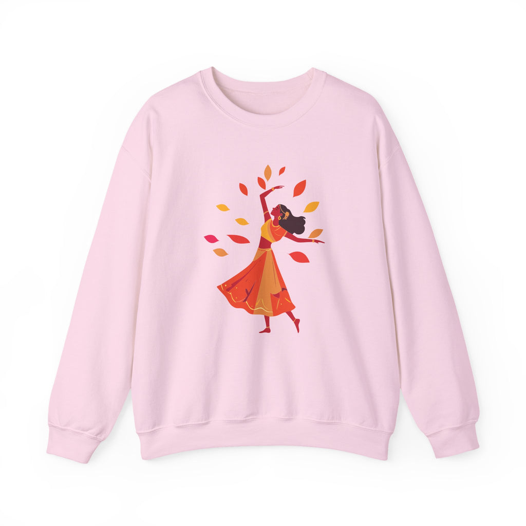 Pink sweatshirt with a colorful graphic of a woman on a white background