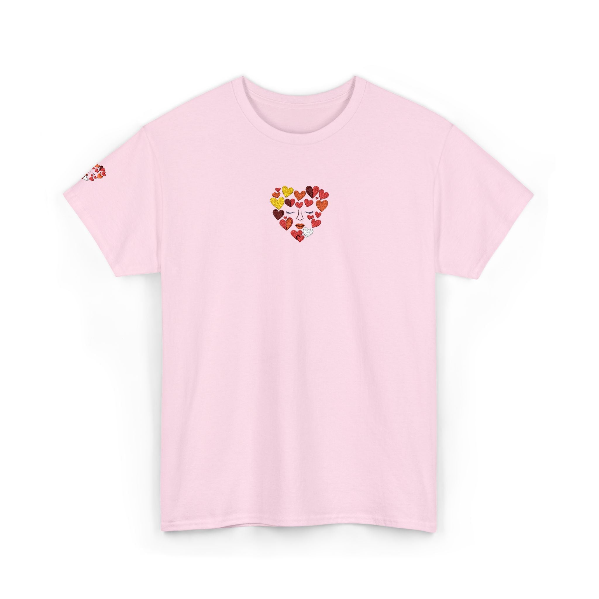 Pink t-shirt with a colorful heart design on a white background