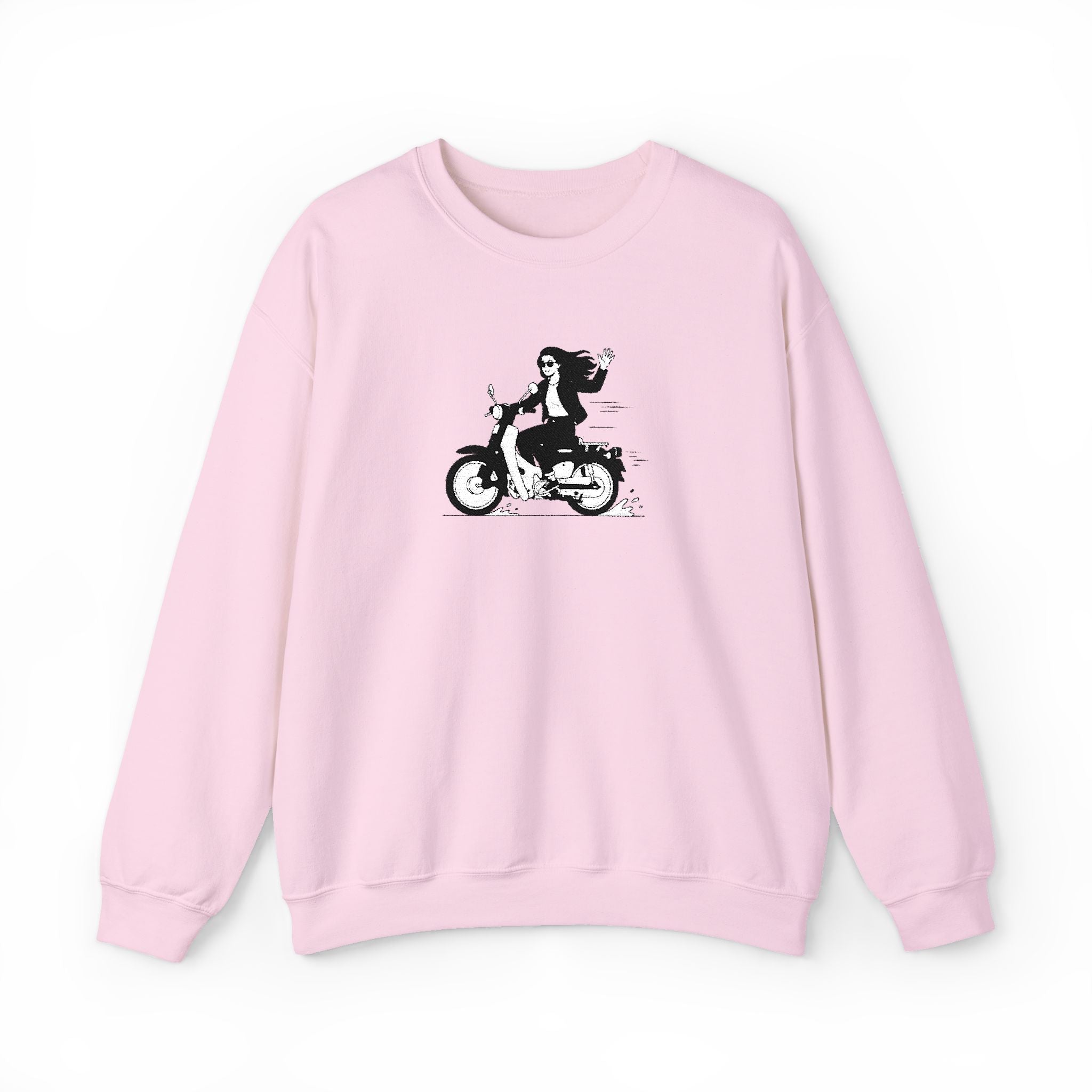 Pink sweatshirt with a graphic of a person on a motorcycle on a white background
