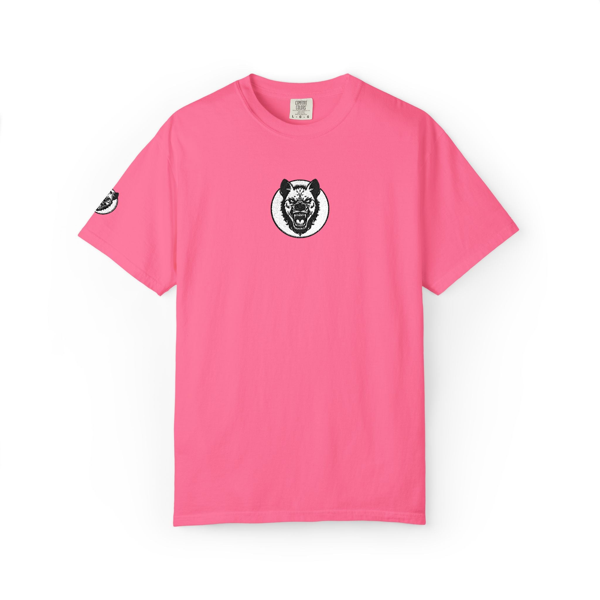 Pink t-shirt with a black and white graphic on a white background