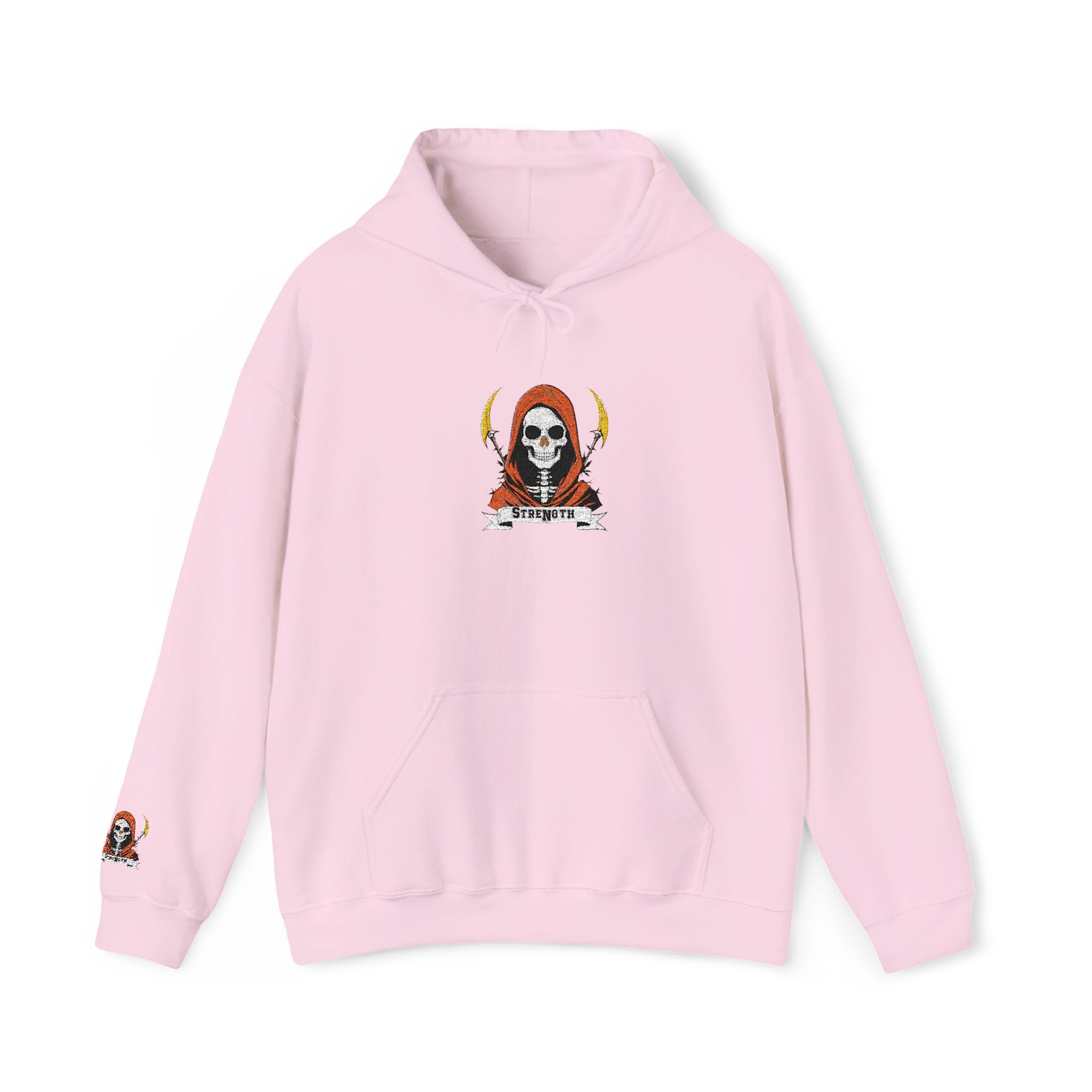 Pink hoodie with a graphic design on a white background