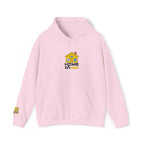 Pink hoodie with a graphic design on a white background