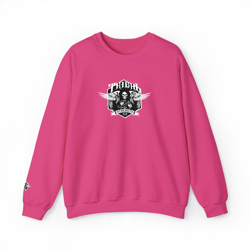 Pink sweatshirt with a graphic design on a white background