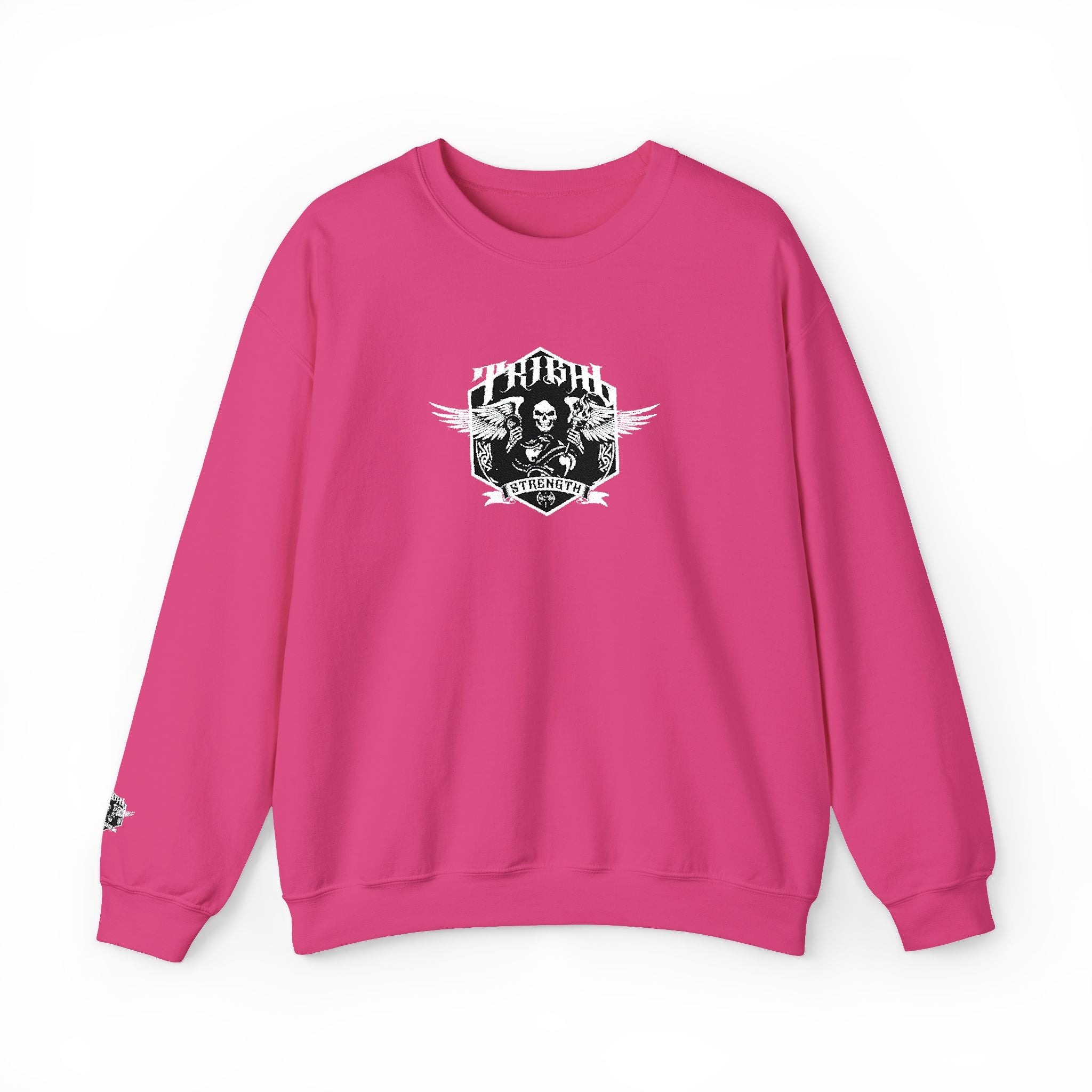 Pink sweatshirt with a graphic design on a white background