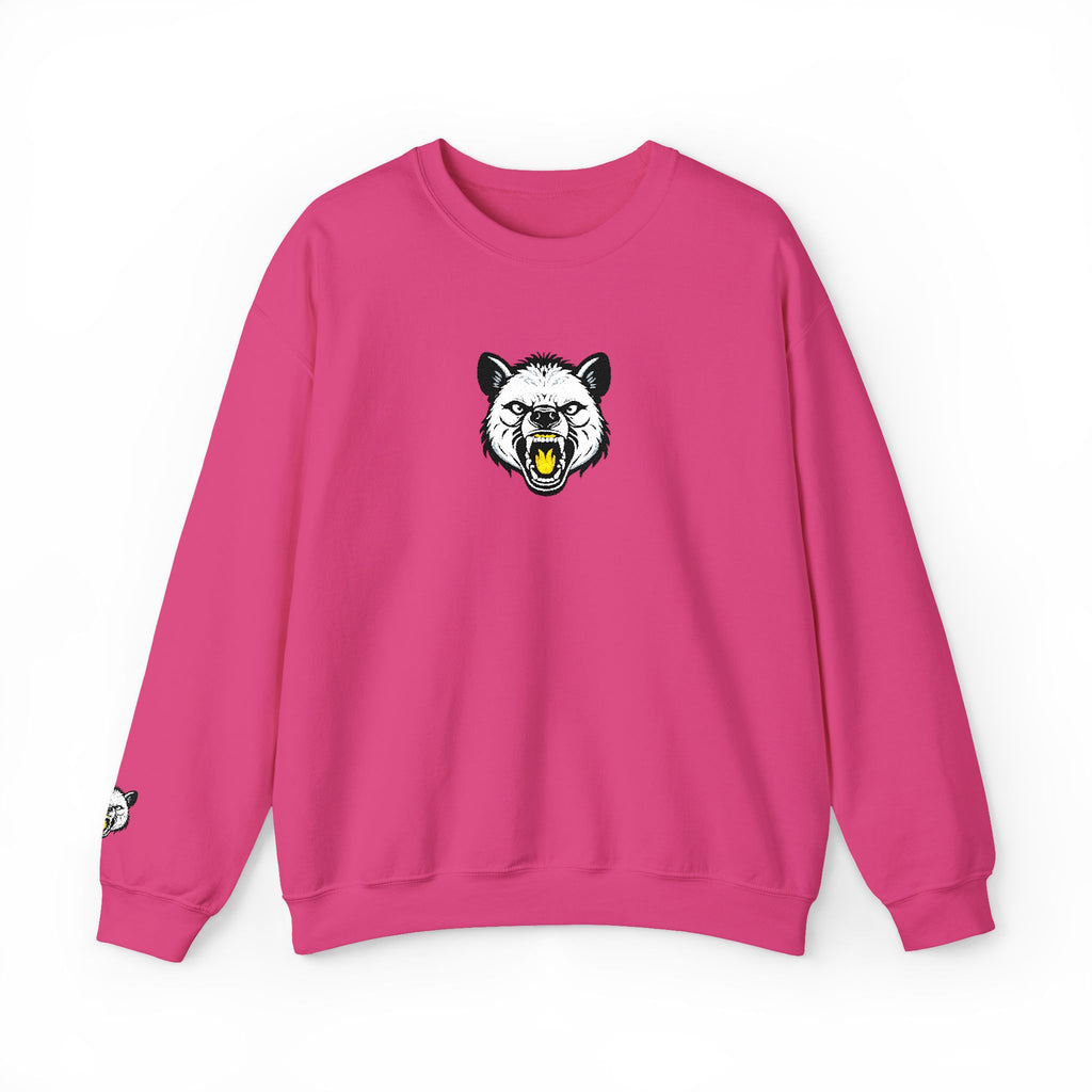 Pink sweatshirt with a bear graphic on a white background