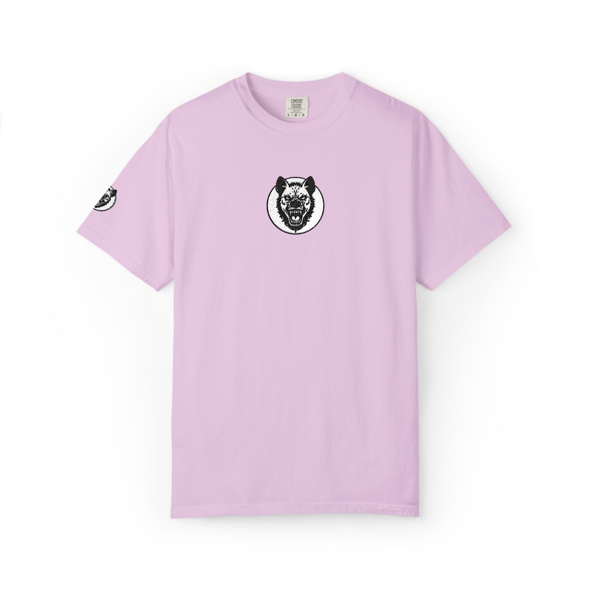 Light purple t-shirt with a black and white graphic on a white background