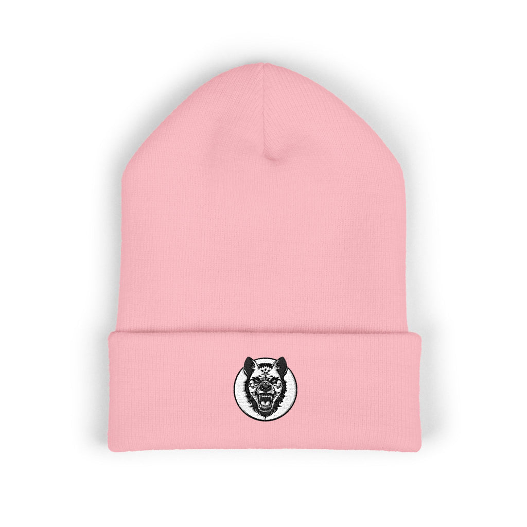 Pink beanie with a black and white logo on a white background
