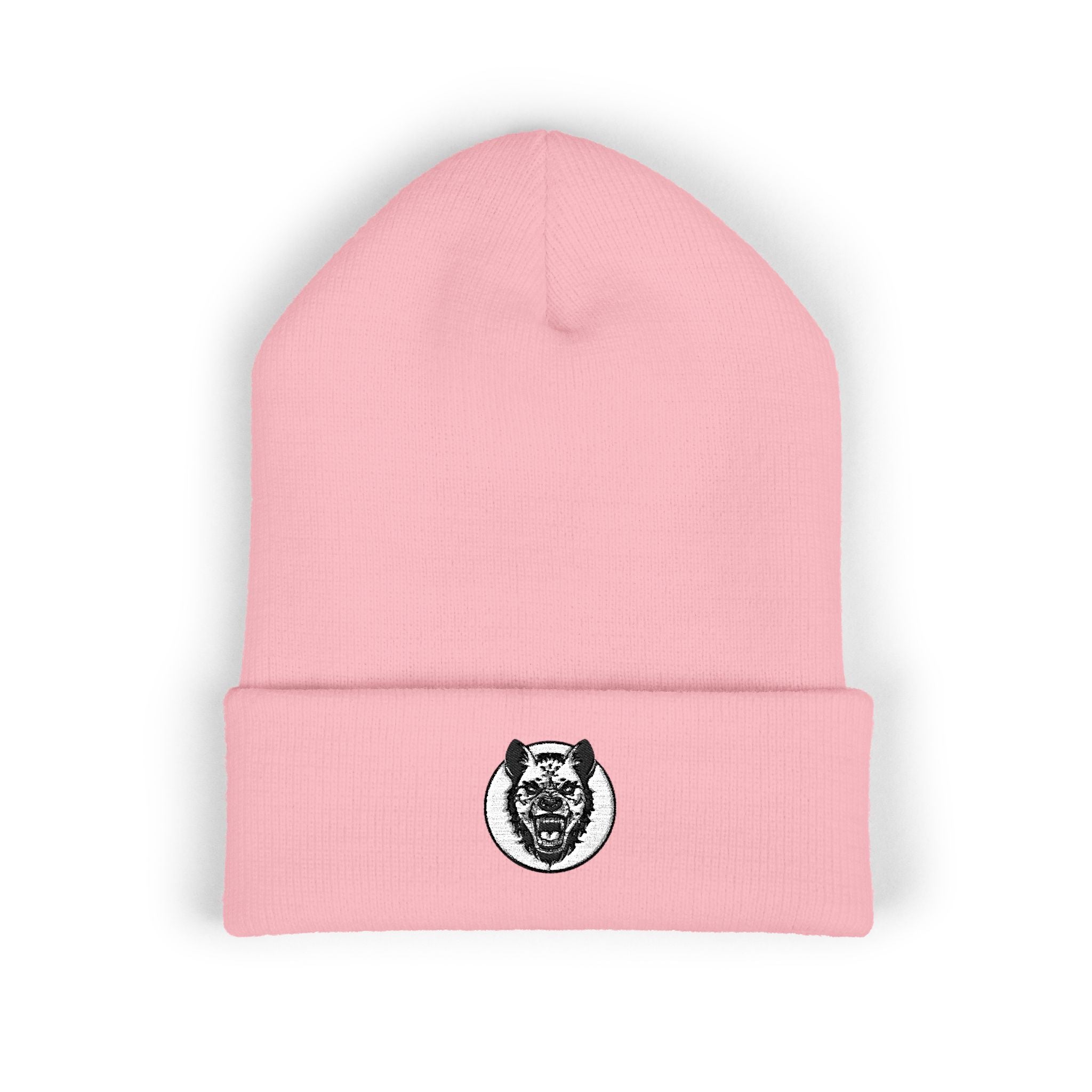 Pink beanie with a black and white logo on a white background