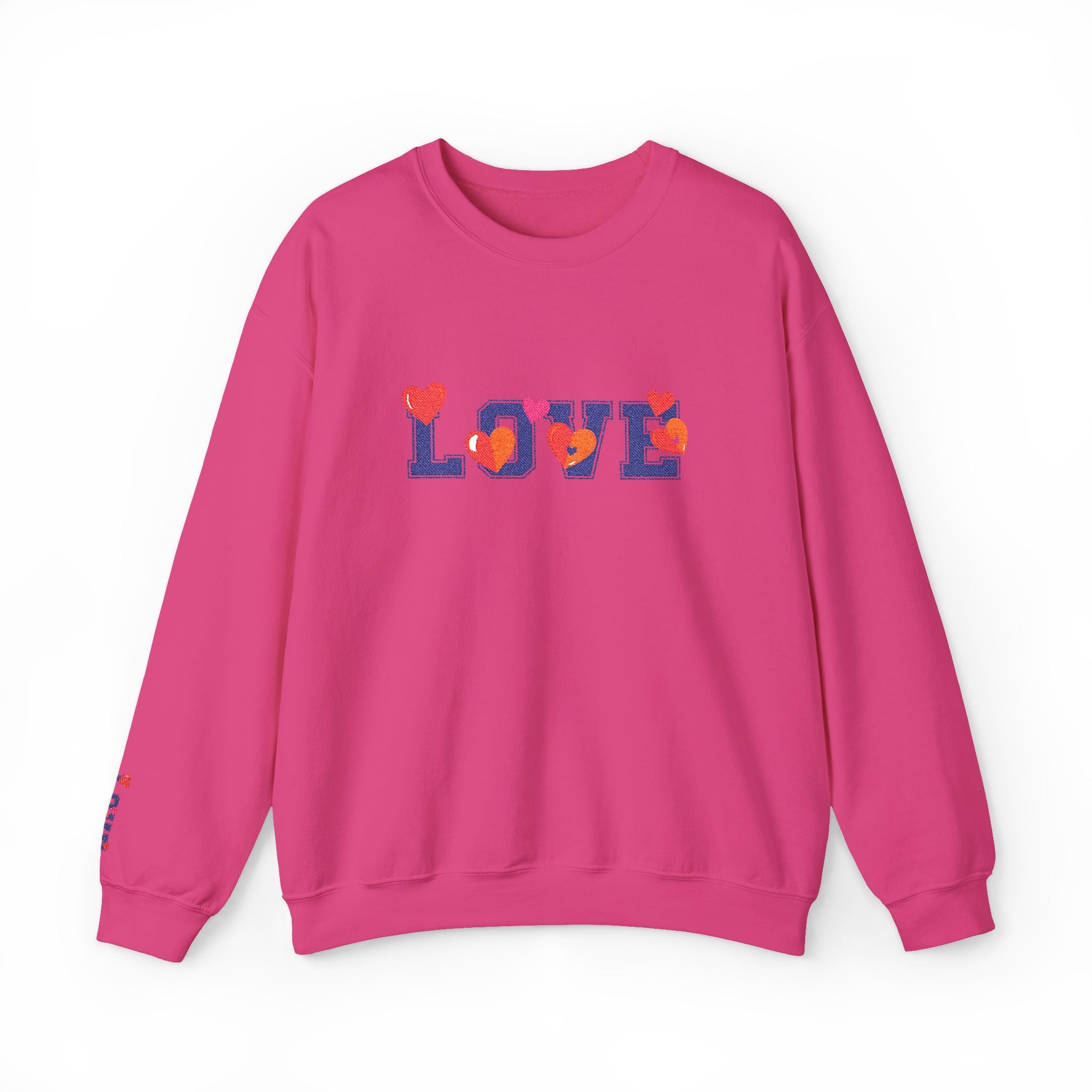 Pink sweatshirt with 'LOVE' and heart designs on a white background
