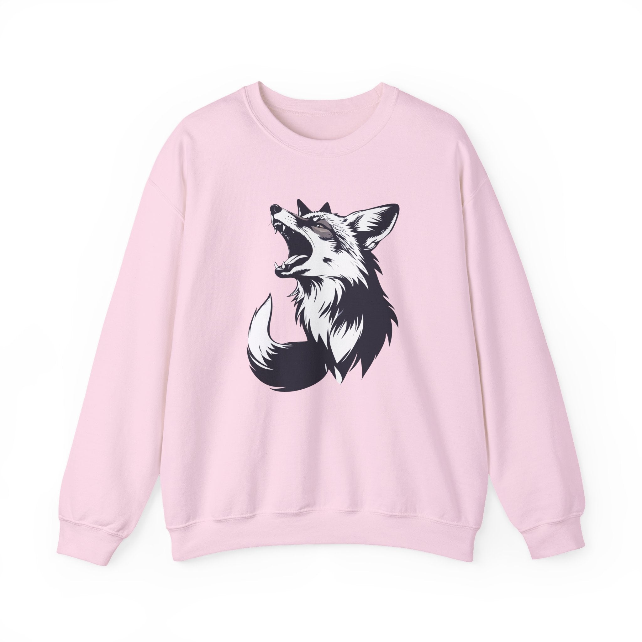 Pink sweatshirt with a black fox graphic on a white background