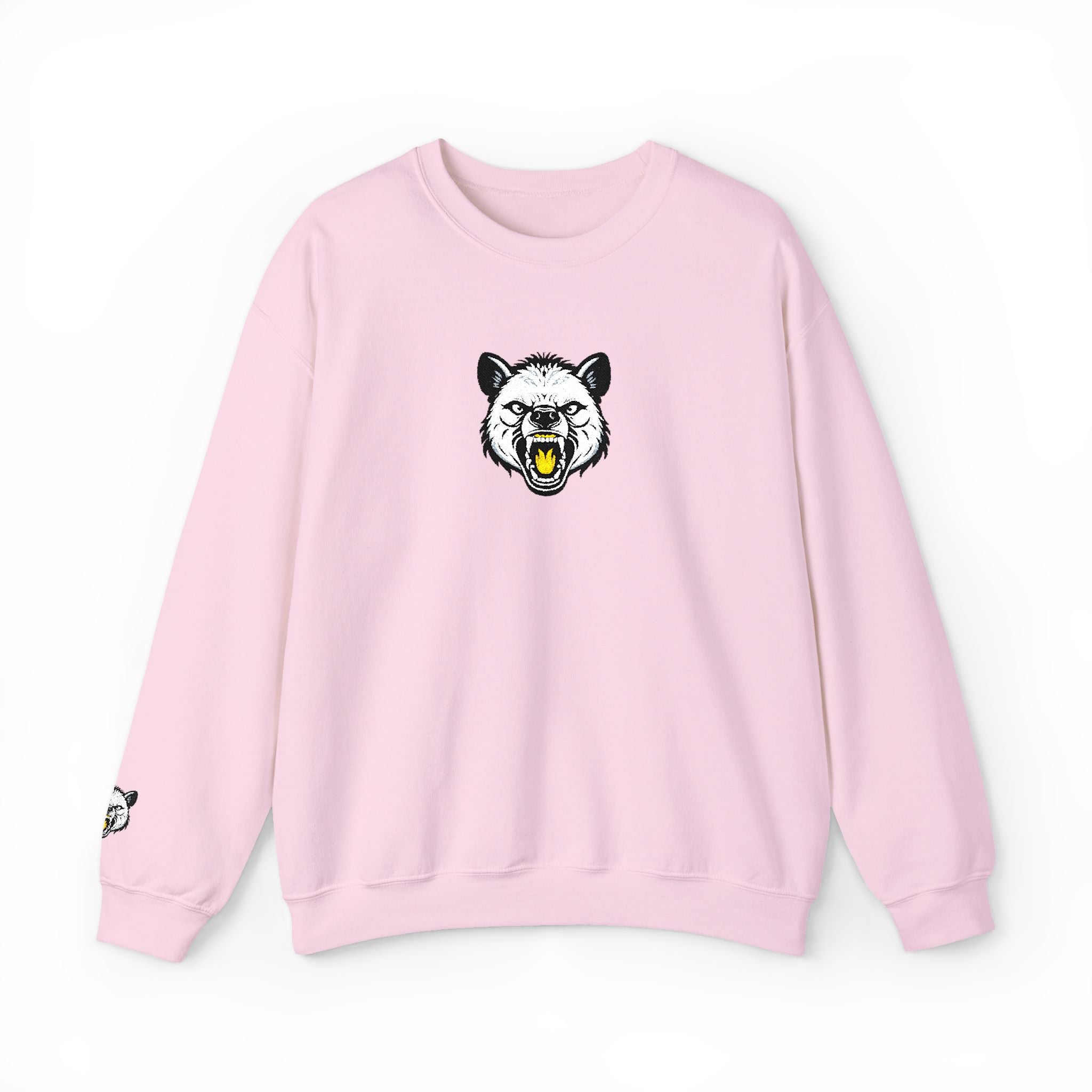 Pink sweatshirt with a bear graphic on a white background