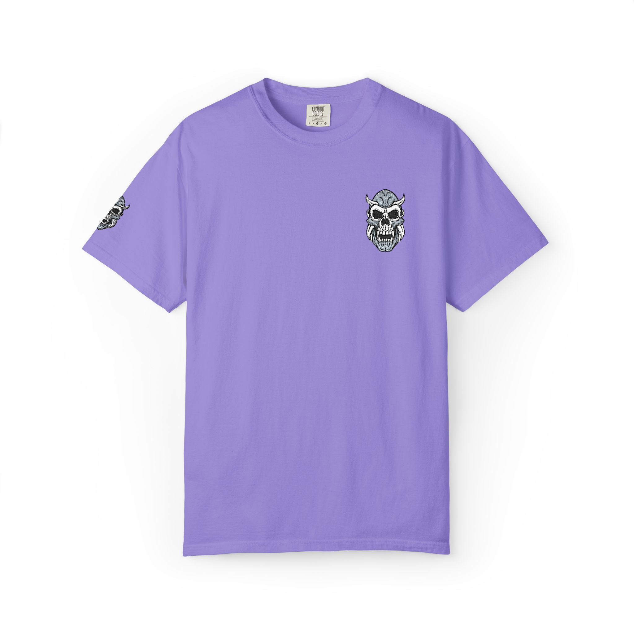 Purple t-shirt with a skull design on a white background