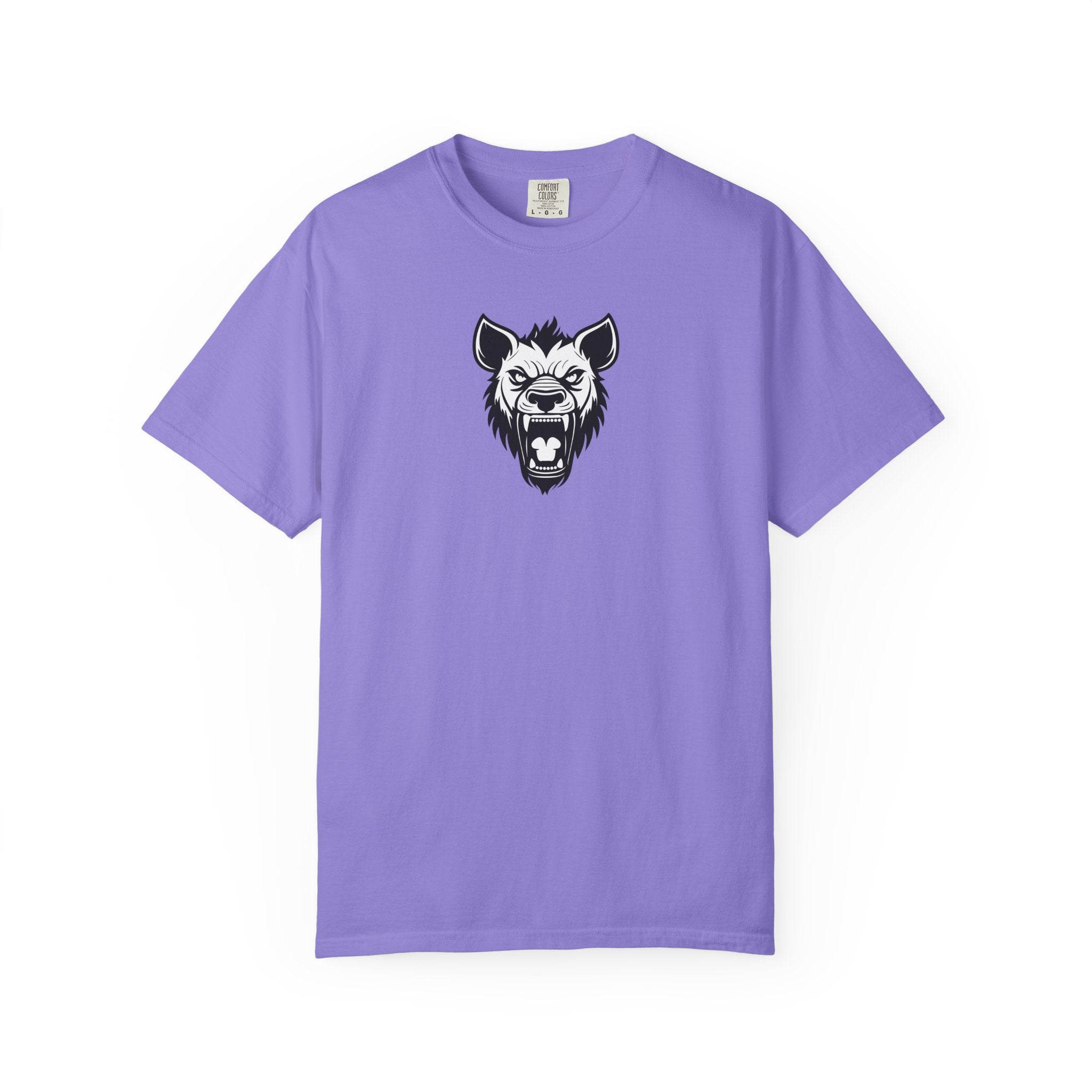 Purple t-shirt with a graphic of a wolf's head on a white background
