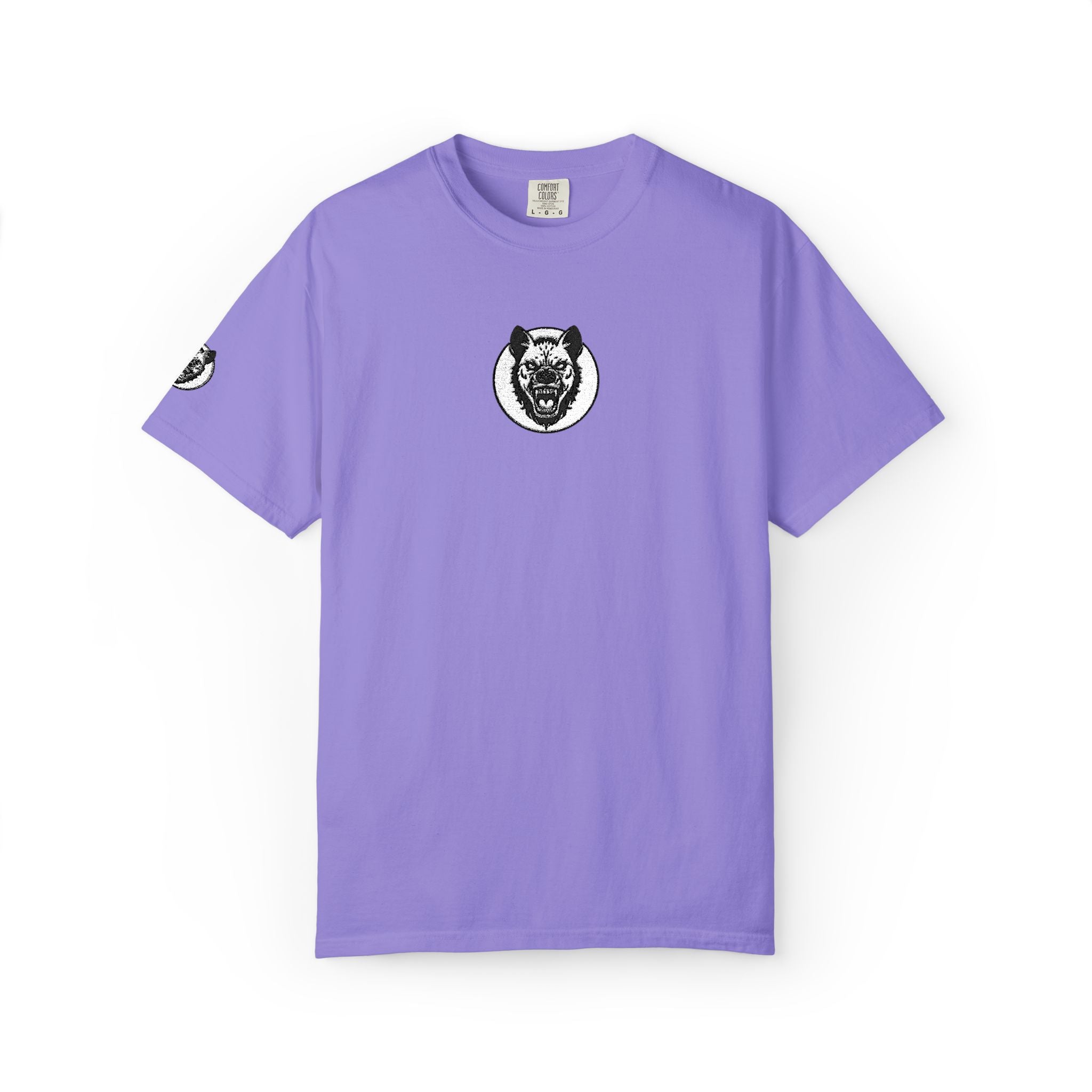 Purple t-shirt with a black and white logo on a white background