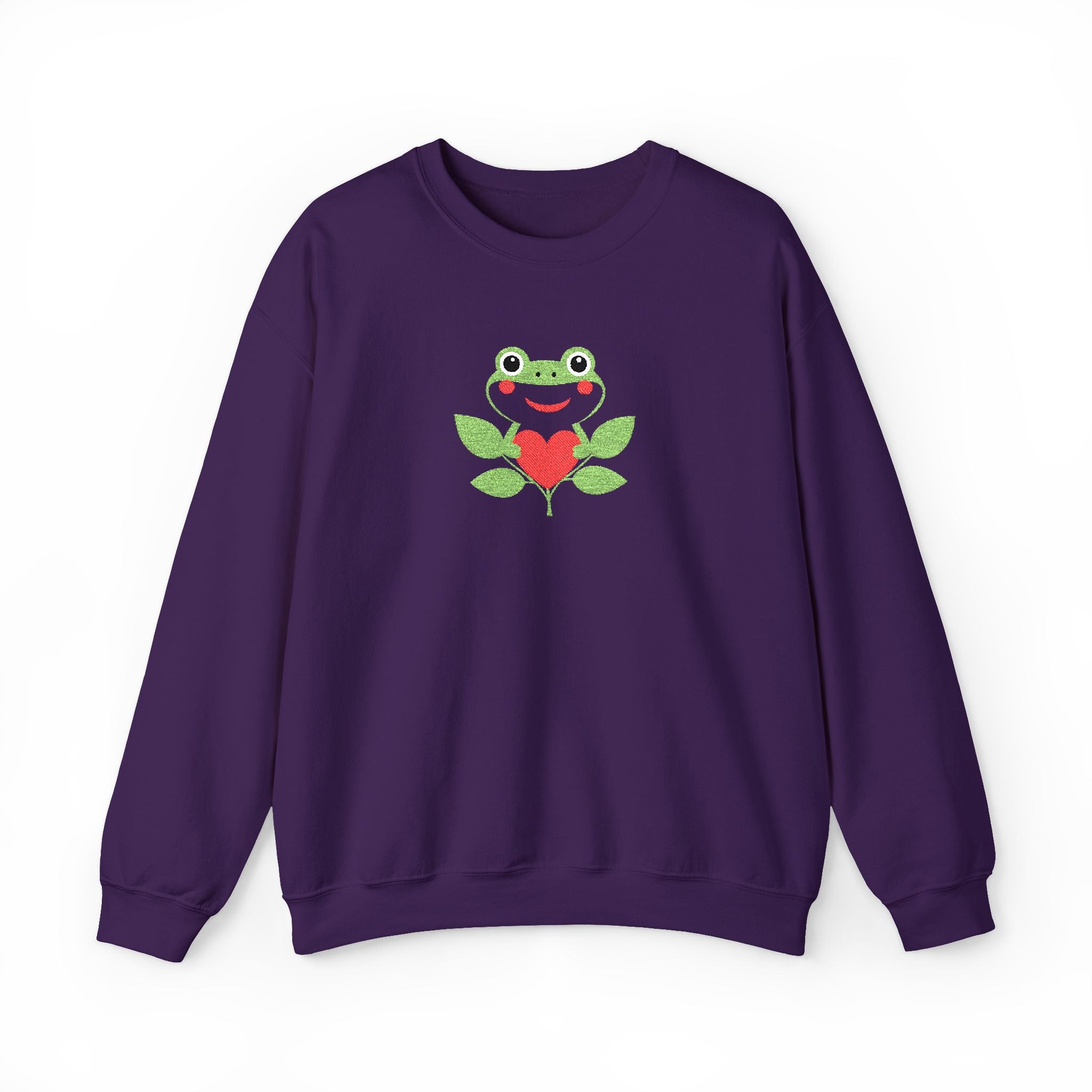 Purple sweatshirt with a frog and heart design on a white background