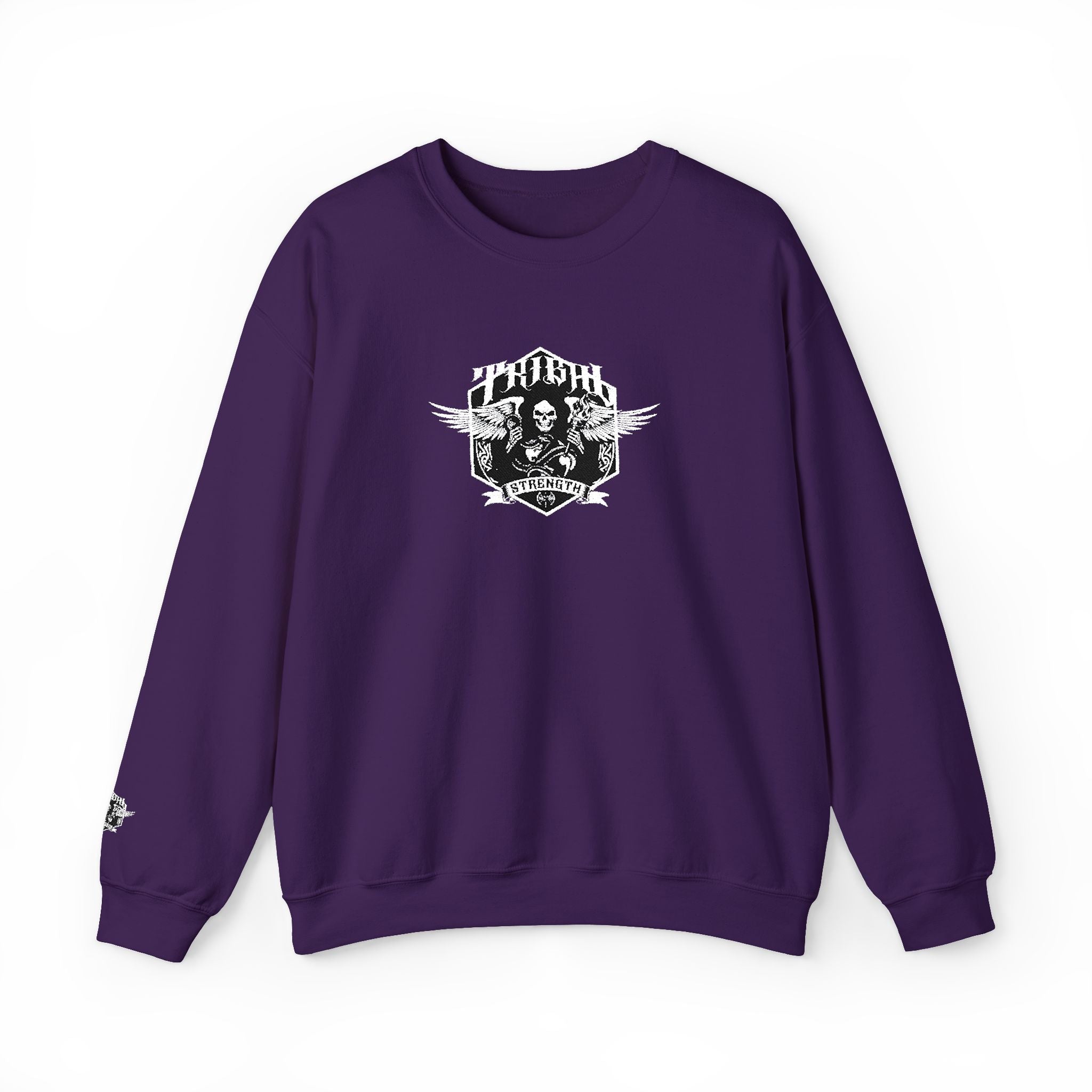 Purple sweatshirt with a graphic design on a white background