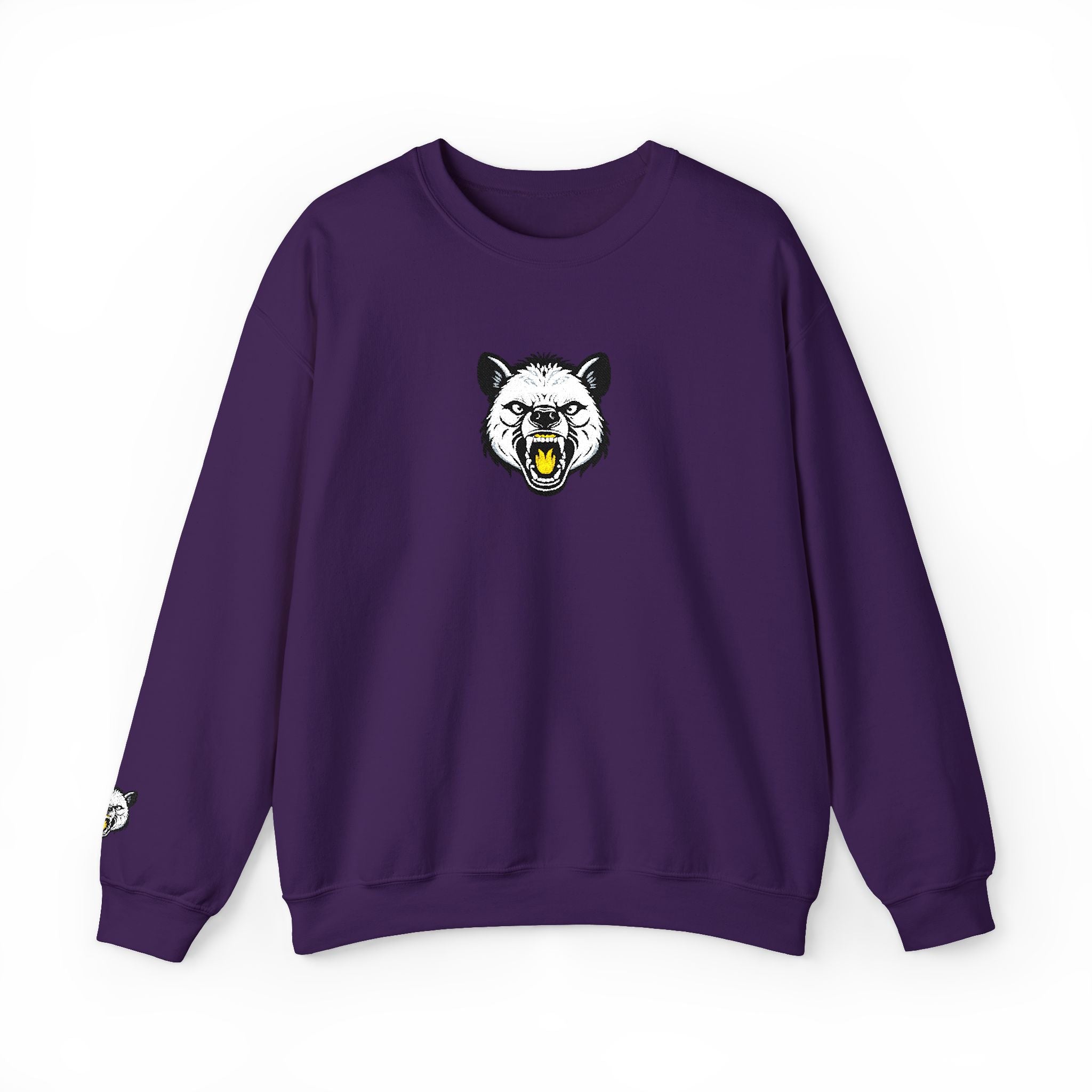 Purple sweatshirt with a bear graphic on a white background