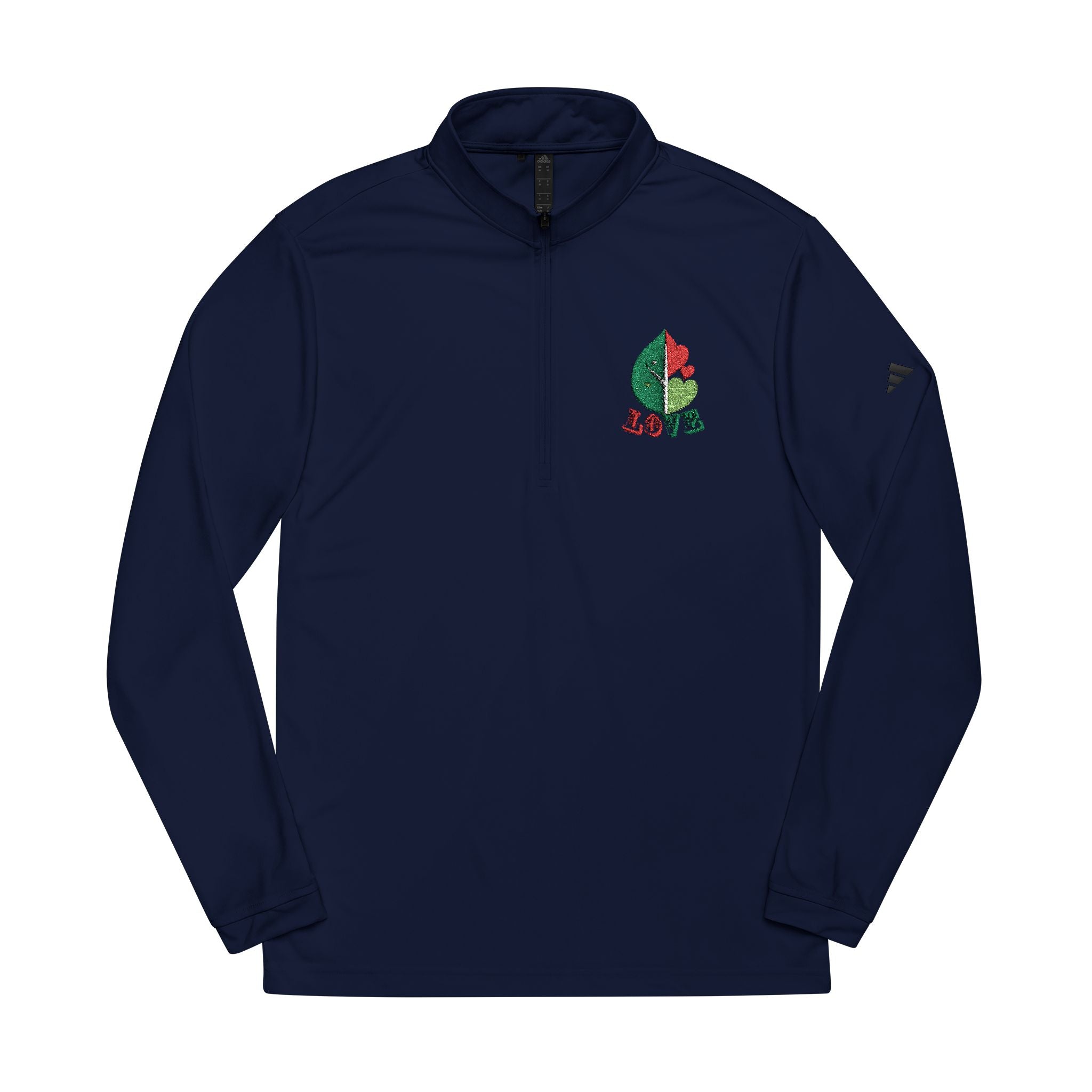 Navy long-sleeve shirt with a colorful logo on a white background