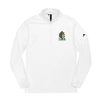 White sweatshirt with a logo and text on a white background