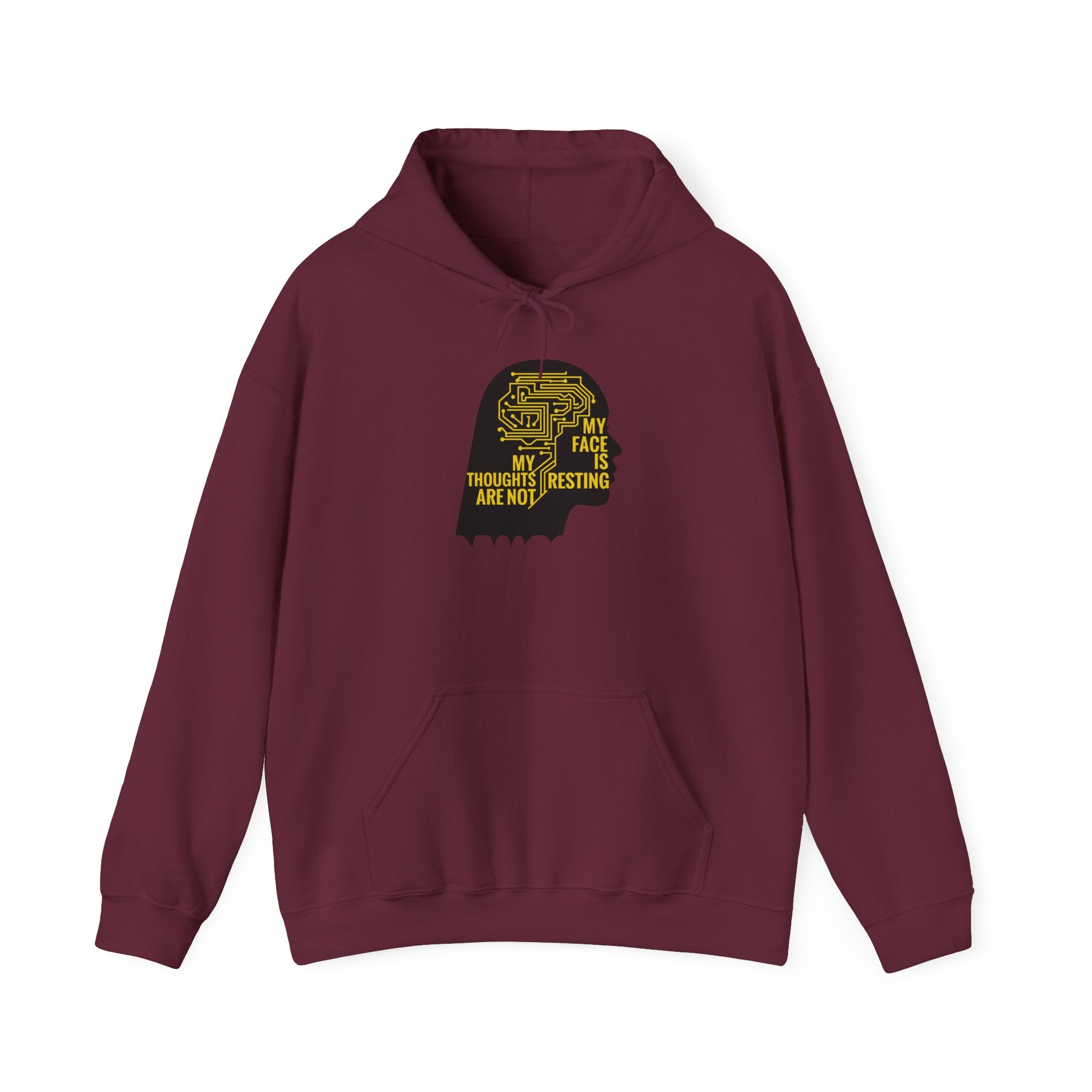 Maroon hoodie with graphic design on a white background