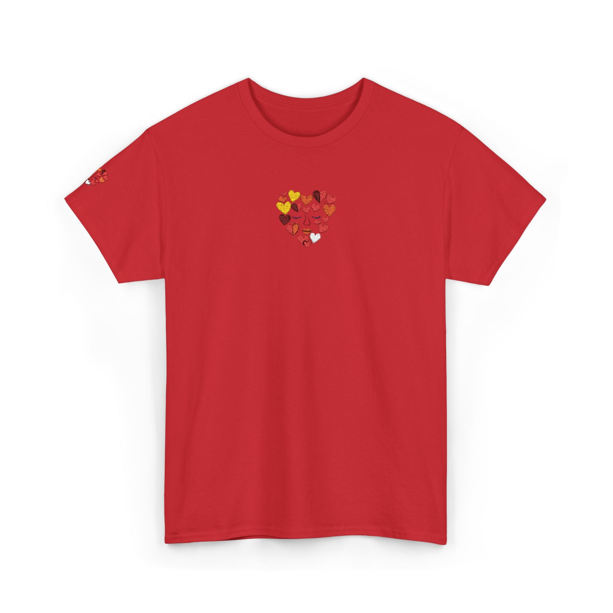 Red t-shirt with a colorful heart design on a white background