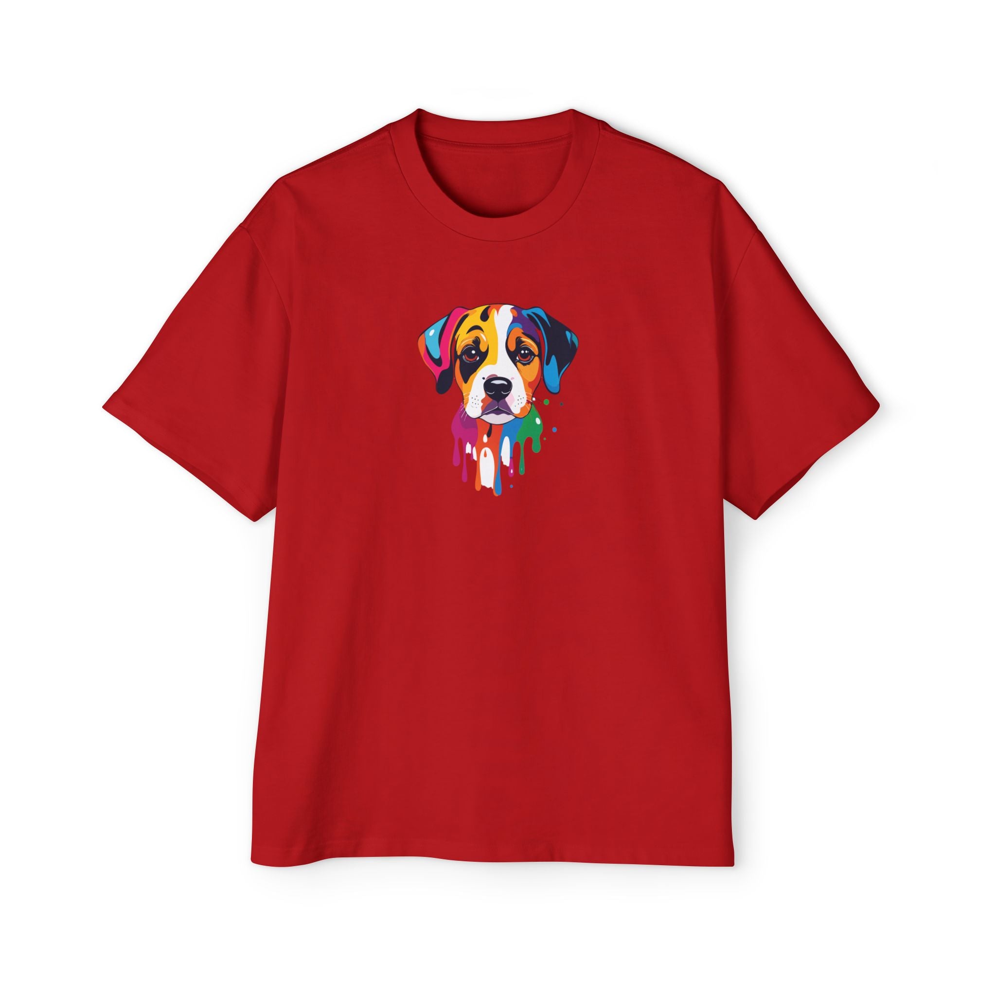 Red t-shirt with a colorful dog graphic on a white background