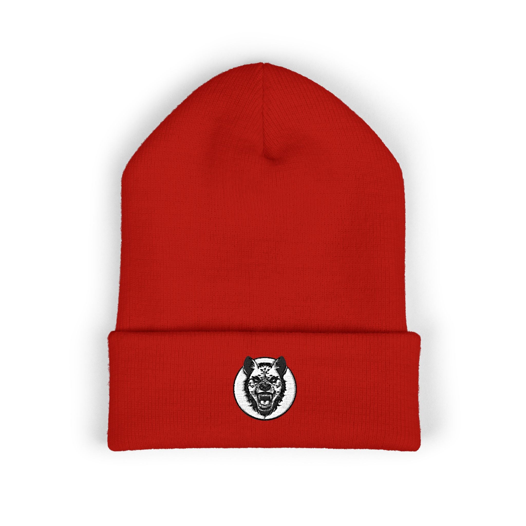 Red beanie with a black and white logo on a white background