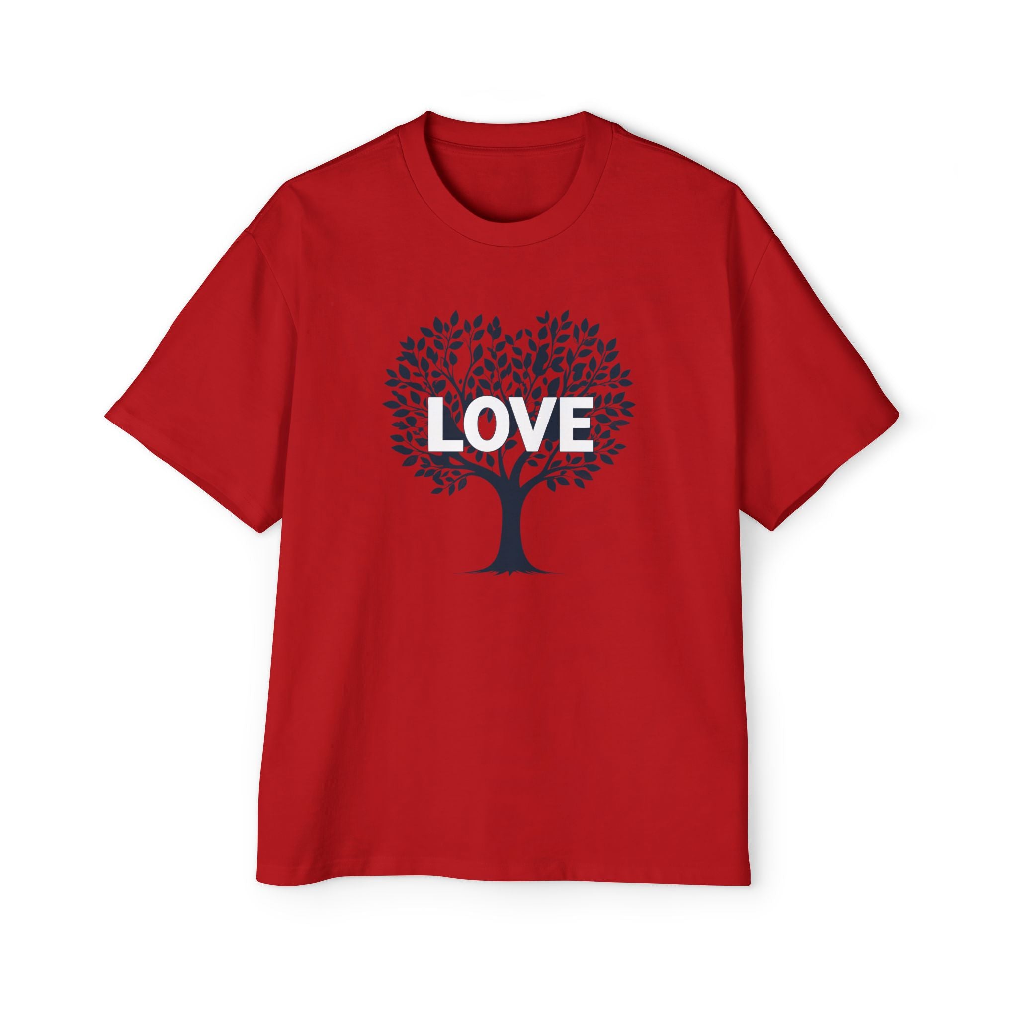 Red t-shirt with a tree design and 'LOVE' text on a white background