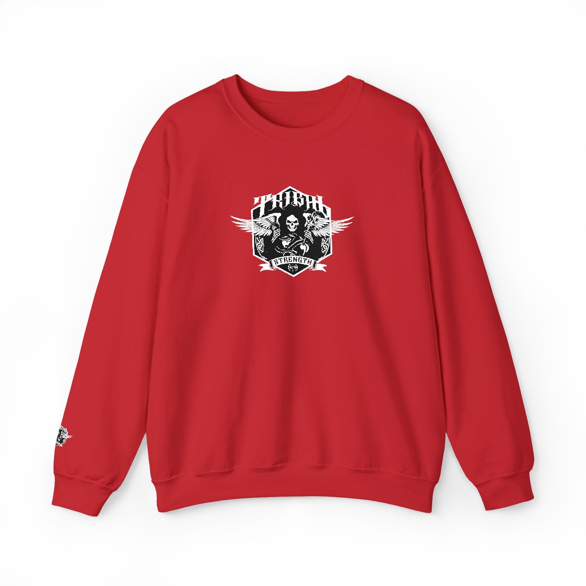 Red sweatshirt with a graphic design on a white background