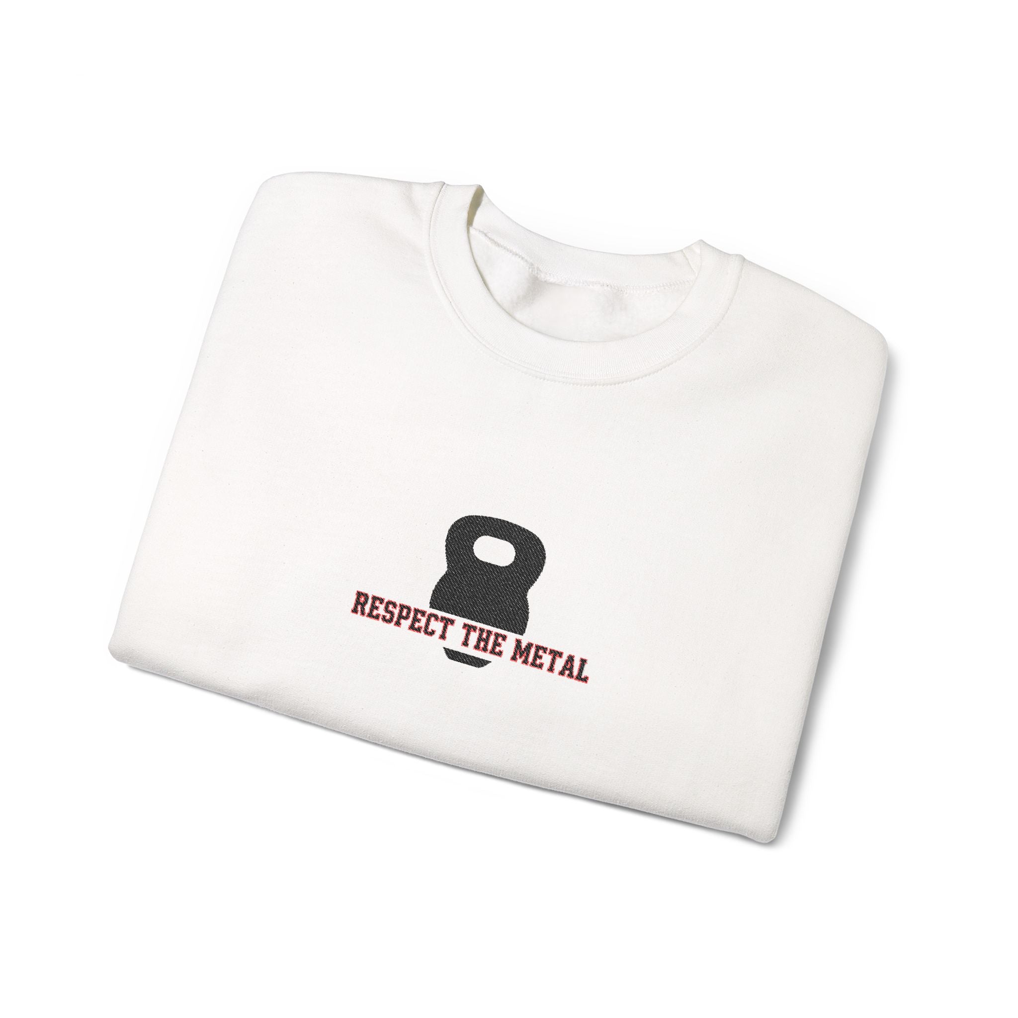 White sweatshirt with a black kettlebell graphic and 'Respect the Metal' text on a white background