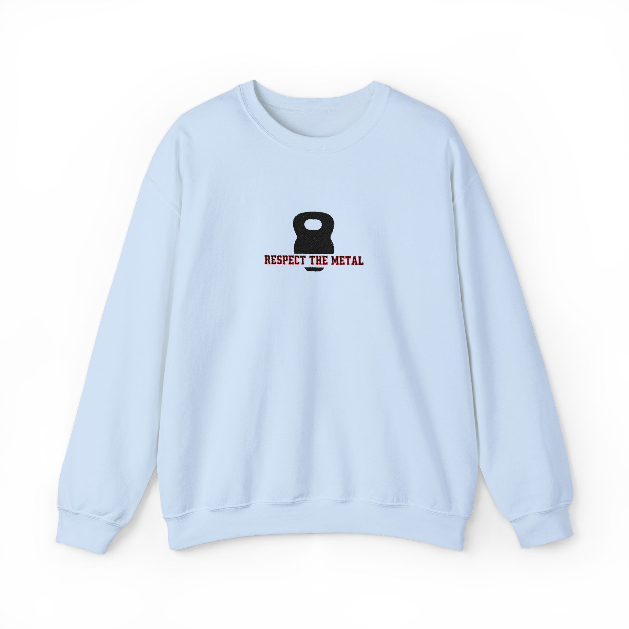 Light blue sweatshirt with a kettlebell graphic and text on a white background